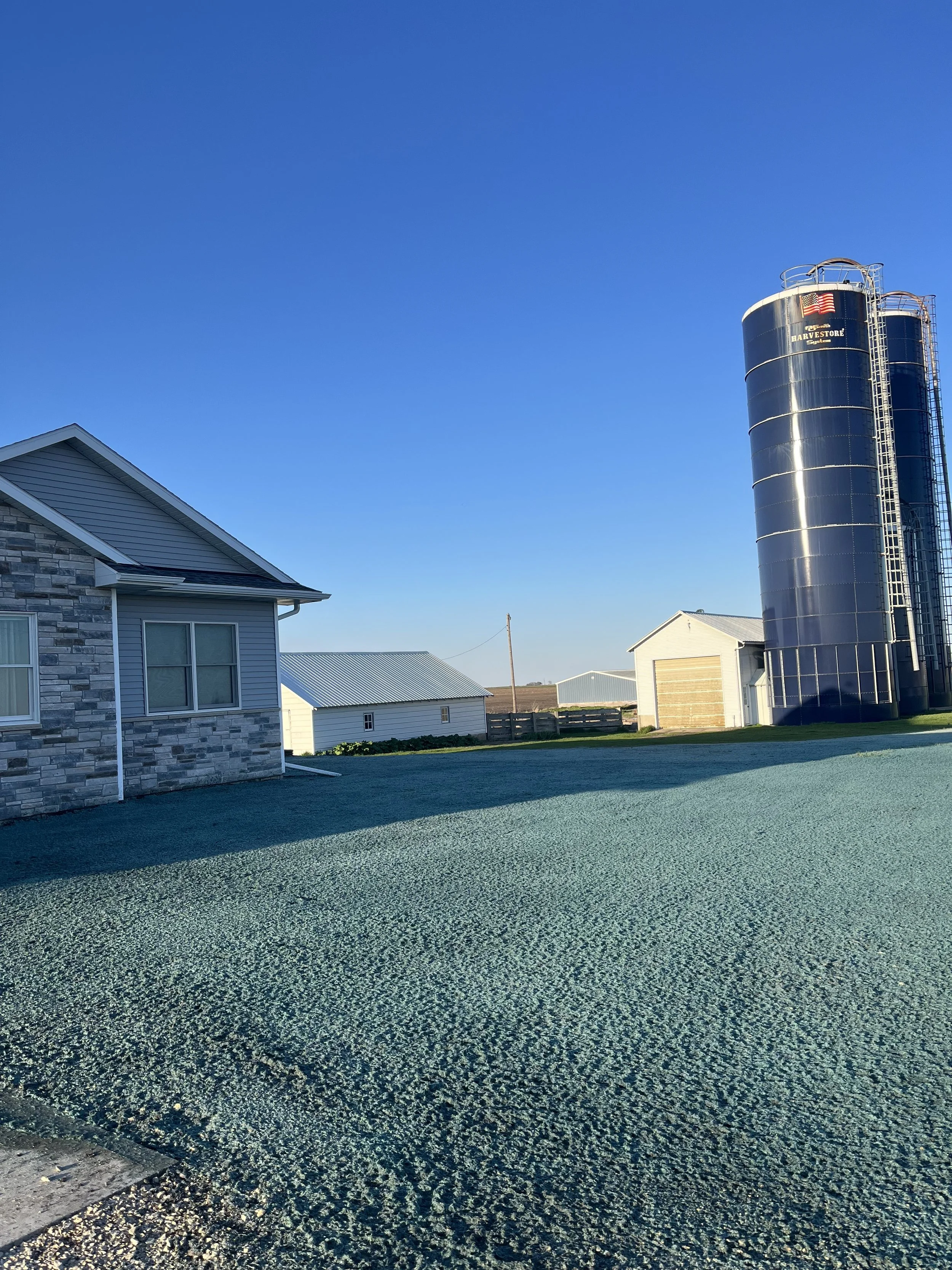 A rural farm scene with houses, a silo, and a clear blue sky.