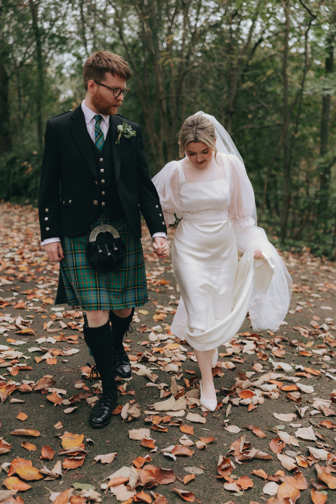 Erin and Matthew photographed in autumn light around Kelvin Way, Glasgow