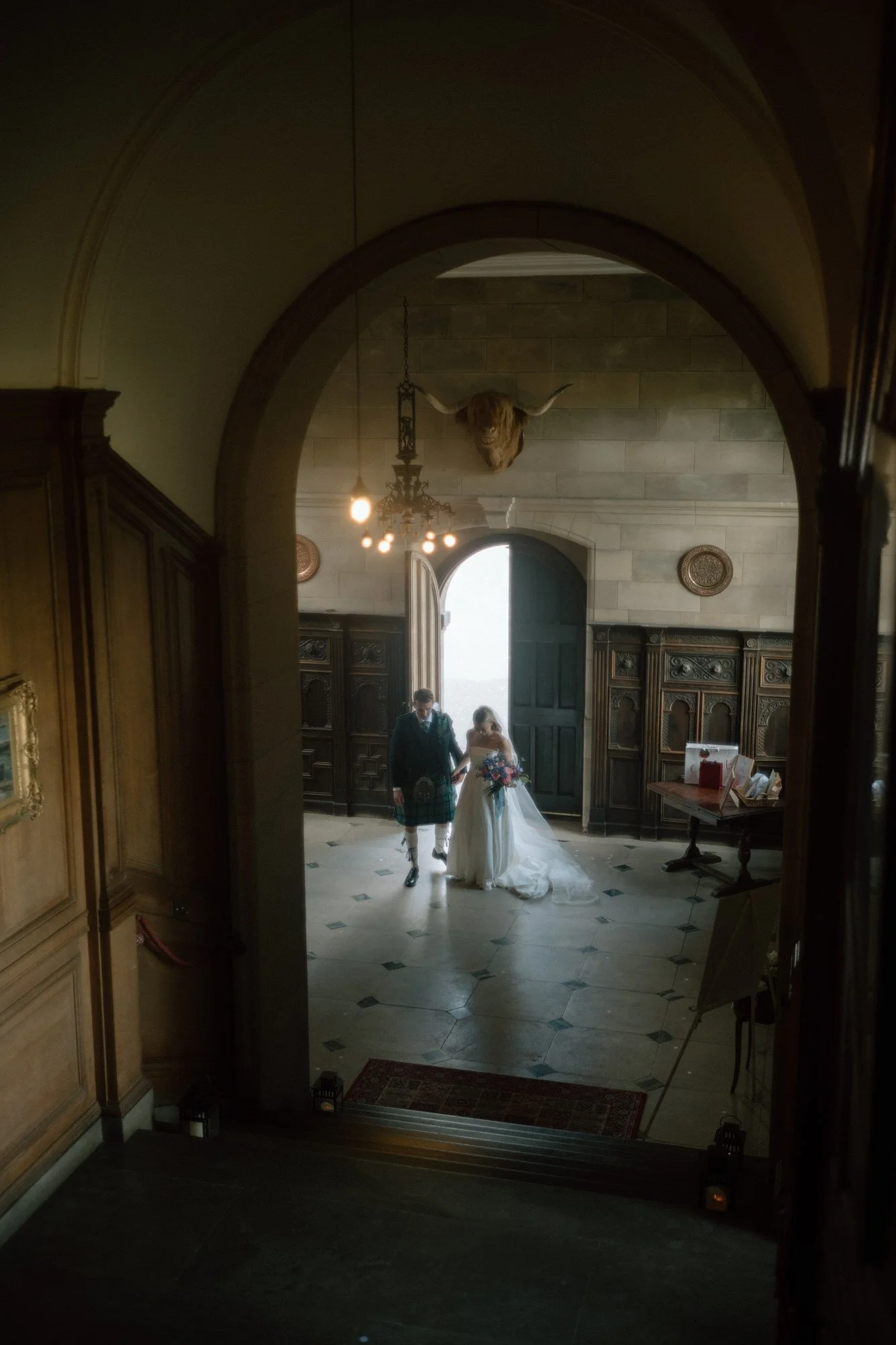 Candlelit wedding dinner inside Rowallan Castle