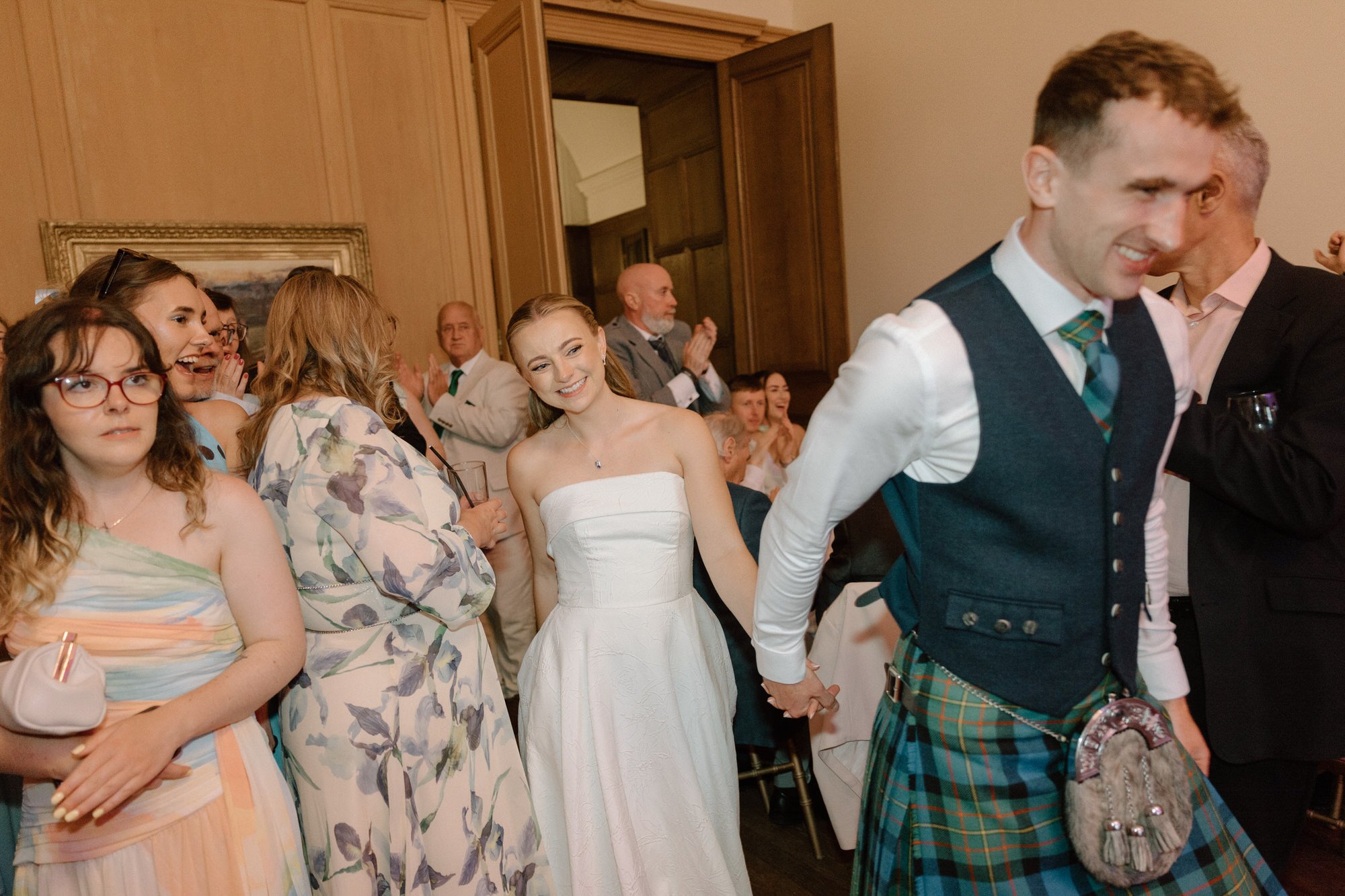 Late-night wedding celebrations photographed with flash