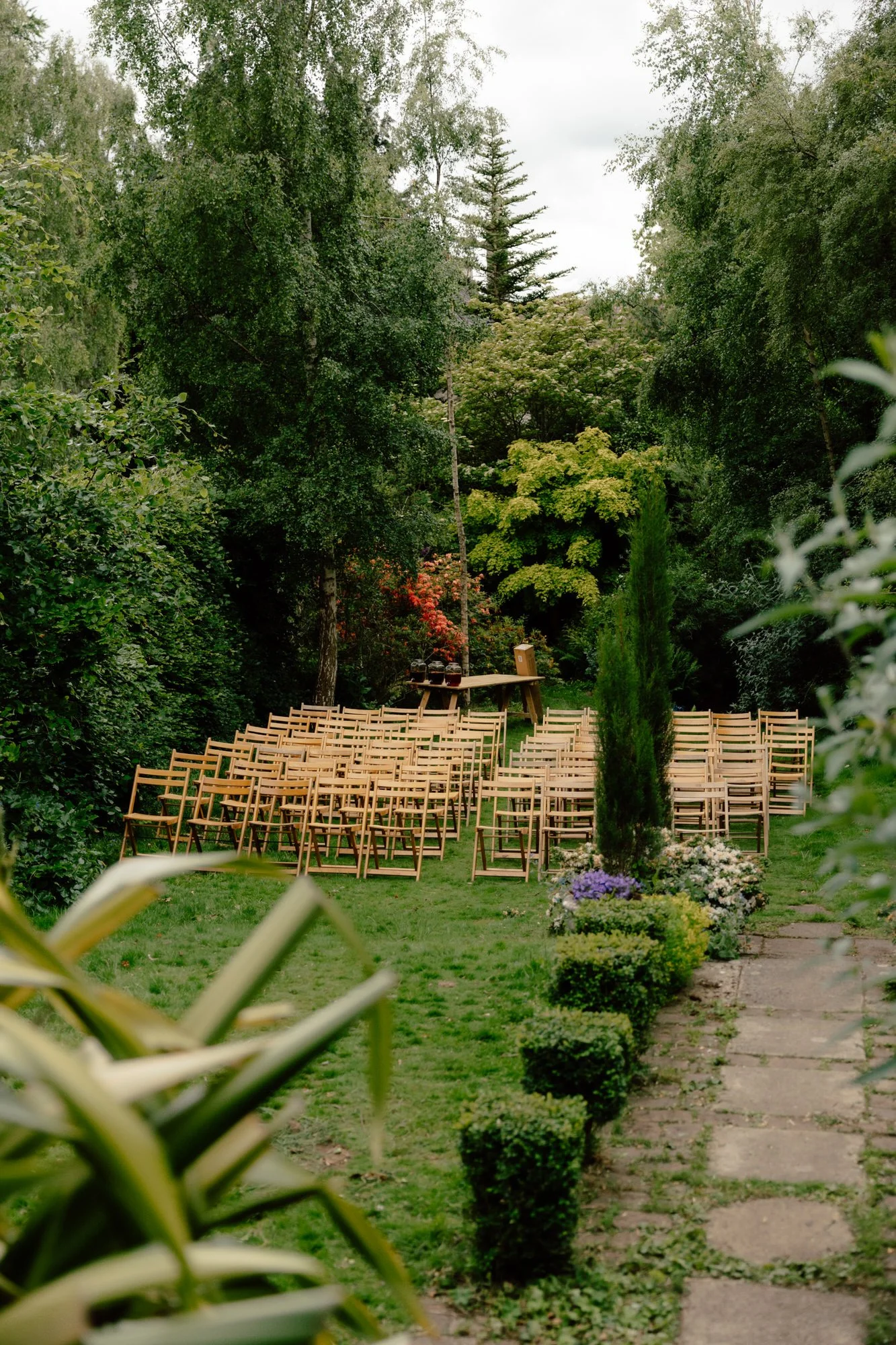 DIY garden wedding seating arranged by friends and family in Edinburgh