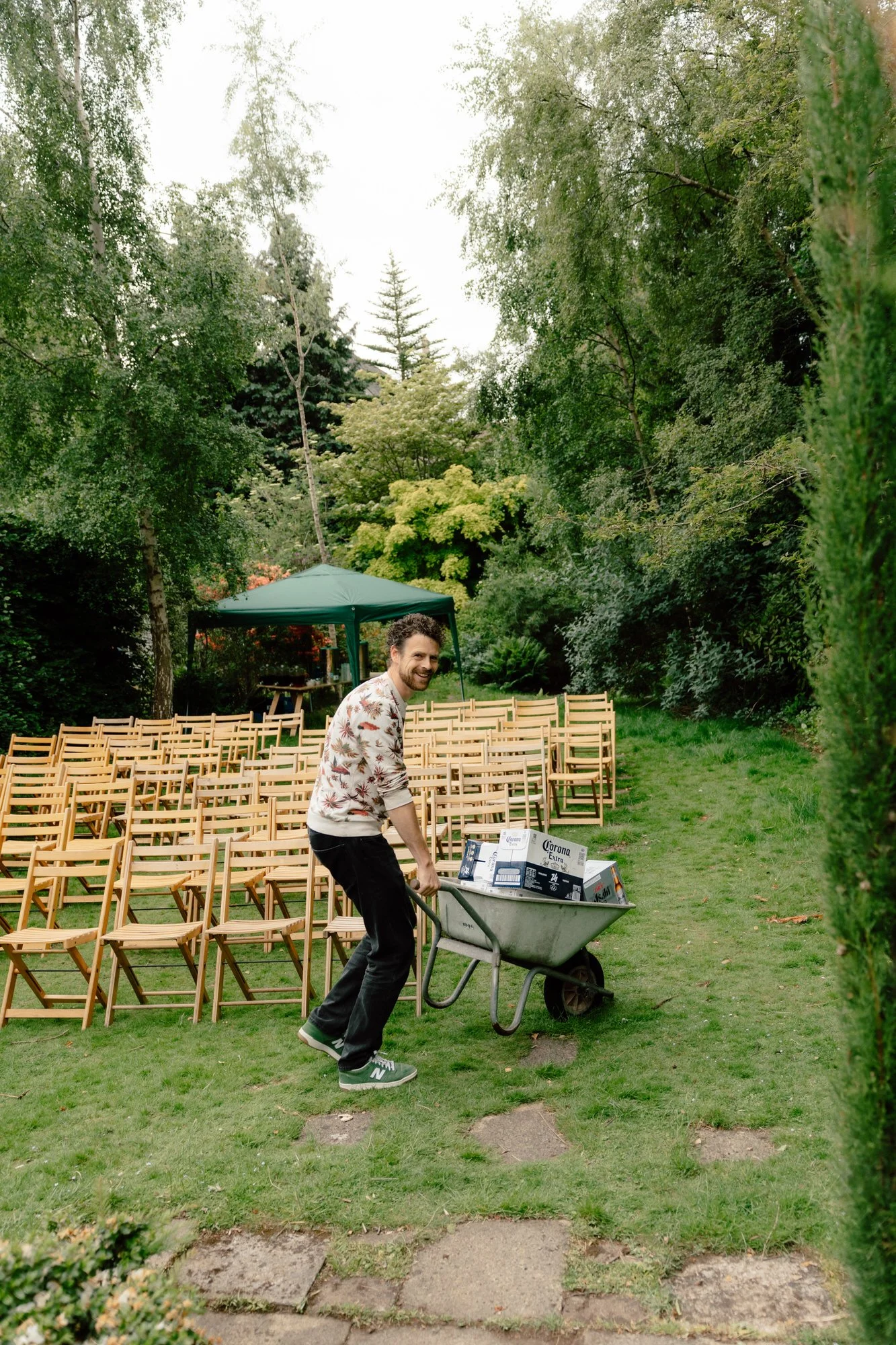 DIY garden wedding seating arranged by friends and family in Edinburgh