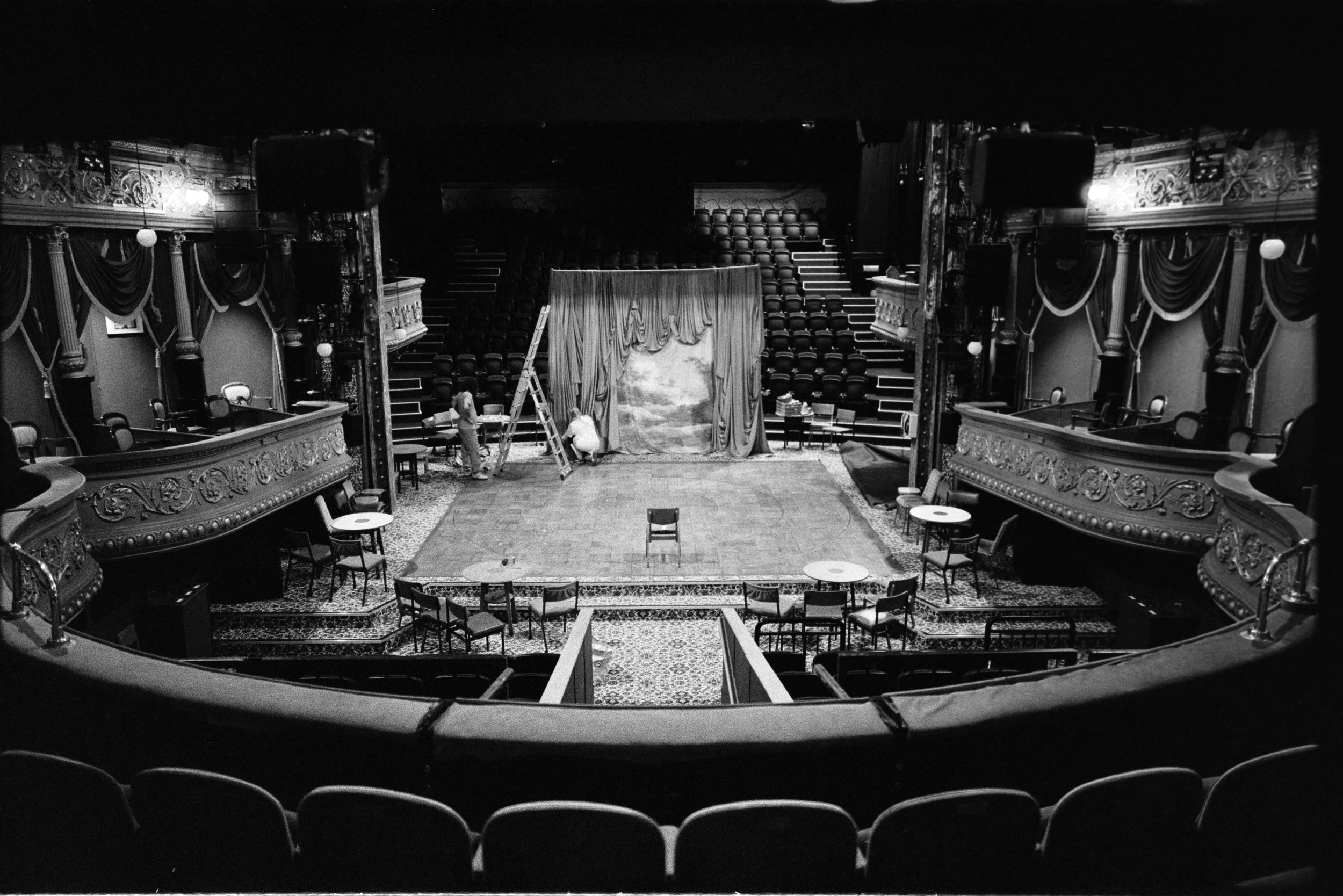 Black-and-white view from the Royal Lyceum Theatre auditorium in Edinburgh