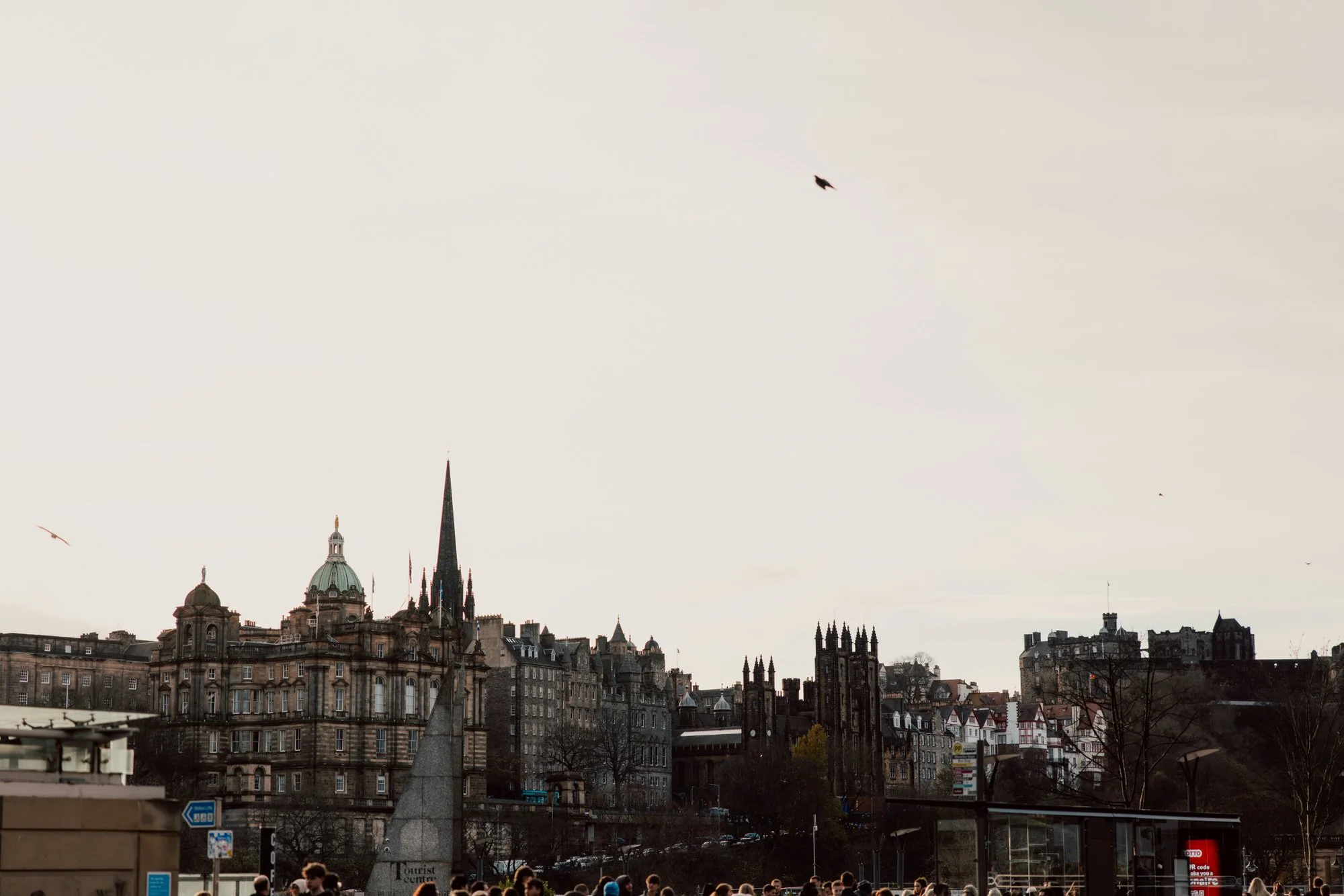 Edinburgh skyline beneath a pale winter sky.
