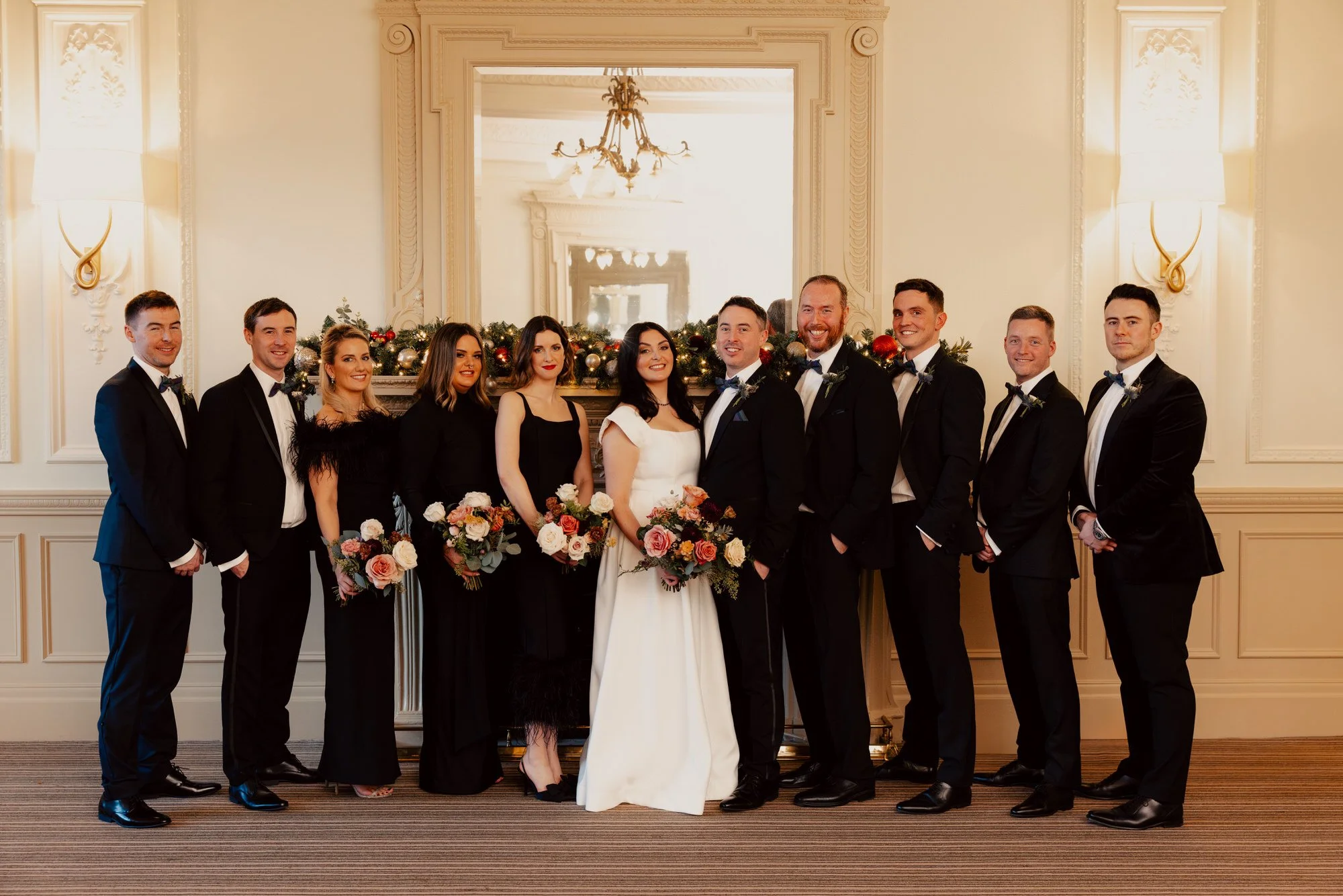 Wedding party group portrait in an elegant room at the Balmoral.