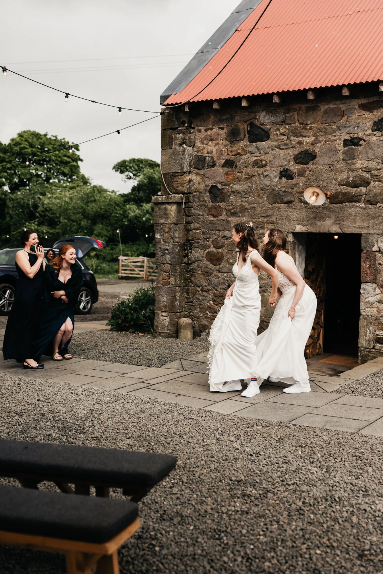 Jackie and Briony arriving in the farm courtyard
