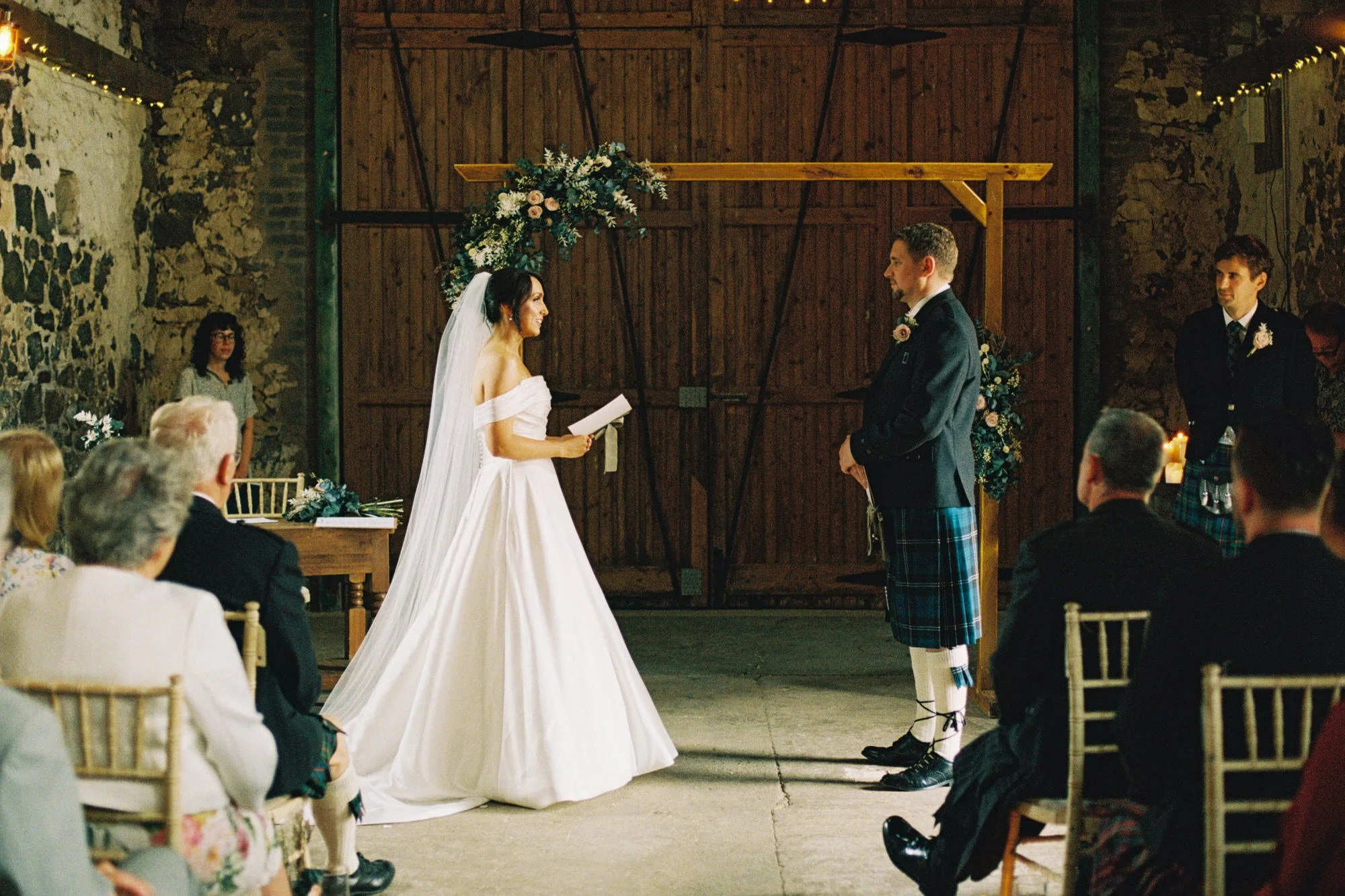 Wide view of the ceremony in The Stables at Pratis Barns