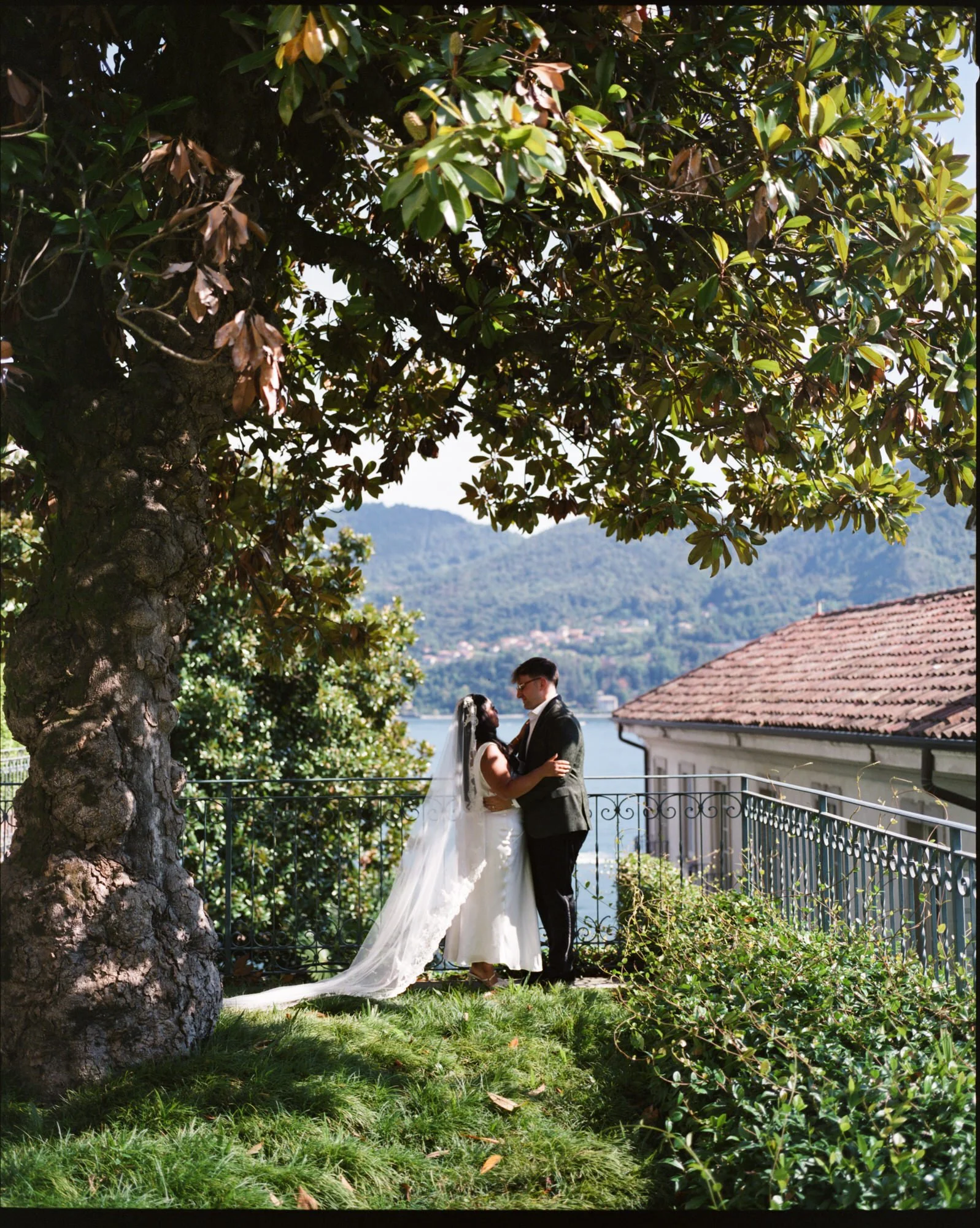 The couple beneath a leafy tree overlooking Lake Como