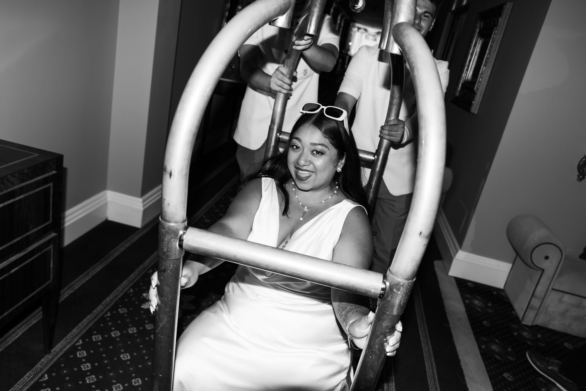 Velia looking back on the hotel staircase