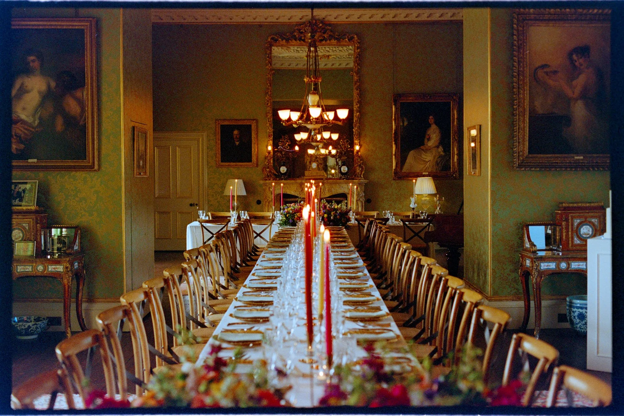 table details at wedding shot on film the candles are red
