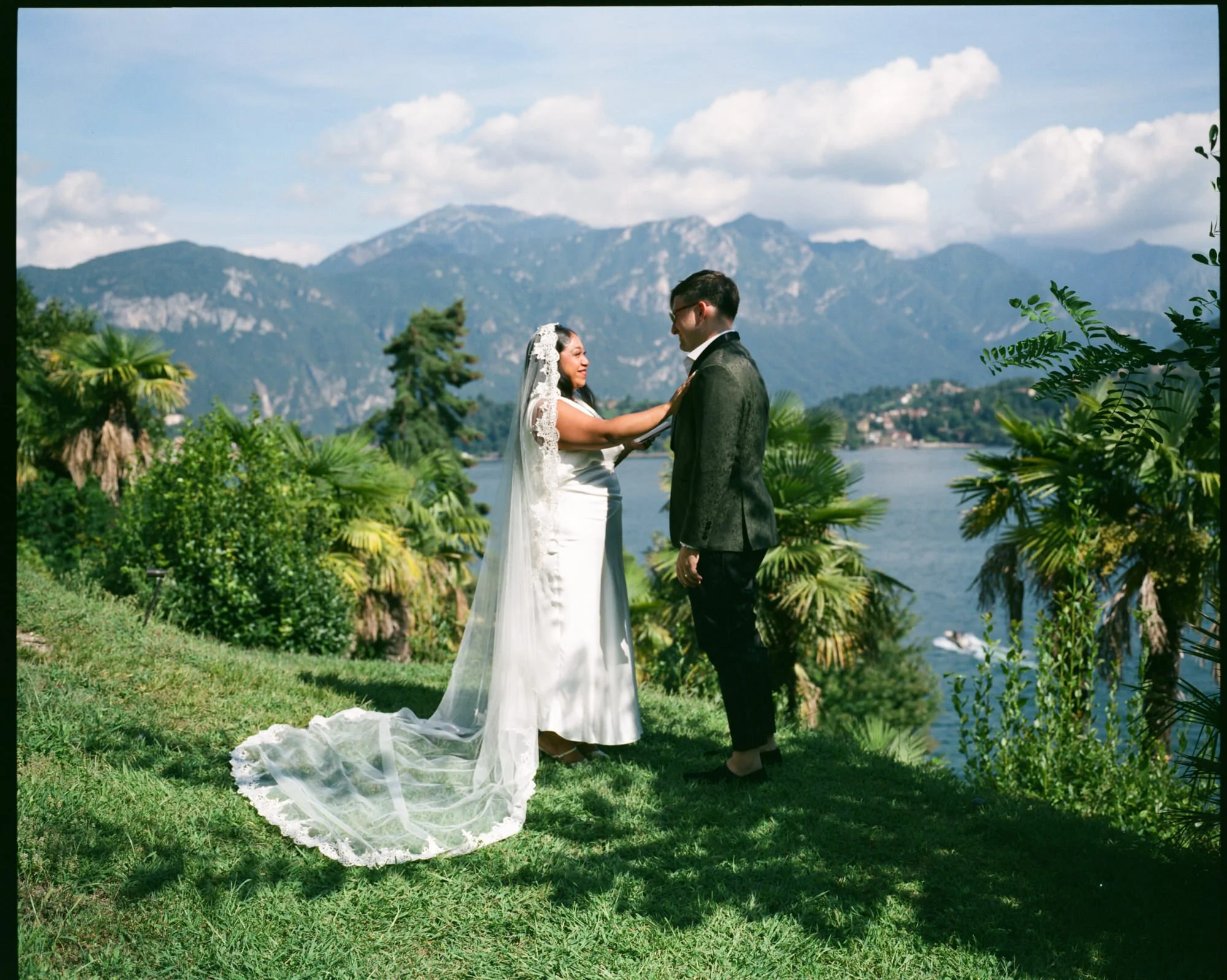 Bride and groom share private views on hillside at Lake Como