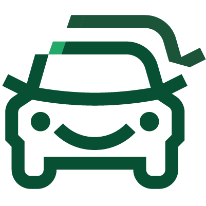 Ikone eines lächelnden Autos mit einer blauen Linie in der oberen Ecke, Symbol für Elektroauto bzw. Ladestation.