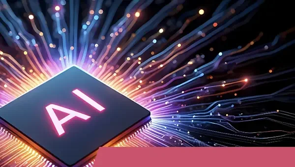 Ein Computerchip mit der Aufschrift 'AI' umgeben von leuchtenden, farbigen Lichtstrahlen, die futuristische künstliche Intelligenz symbolisieren.