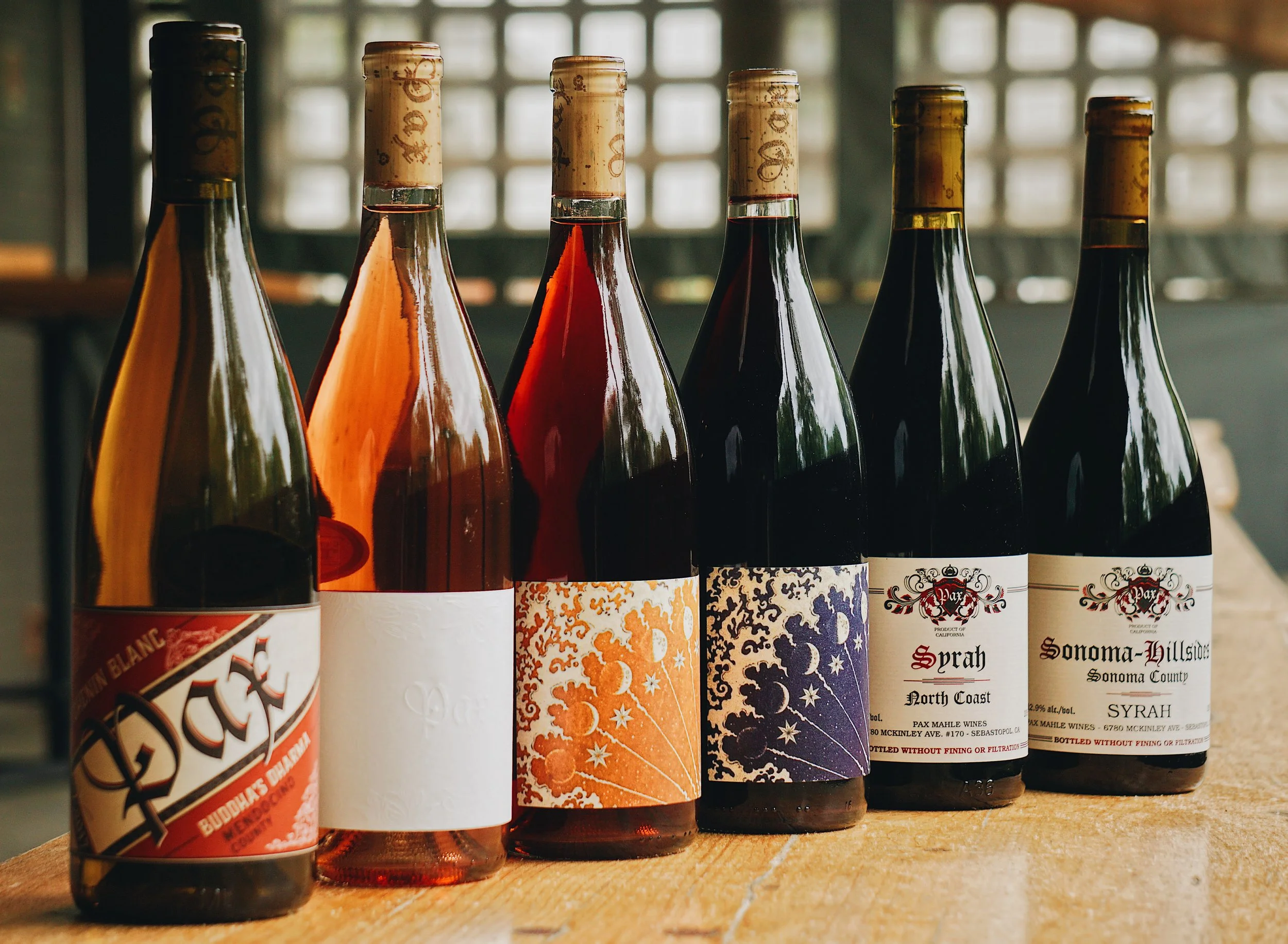 A line up of 6 wines by Pax featuring all different styles and colors of wine