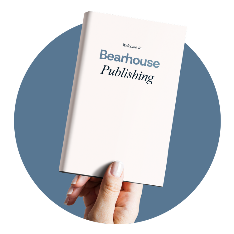 A person holding a booklet titled 'Welcome to Bearhouse Publishing' with a blue background.
