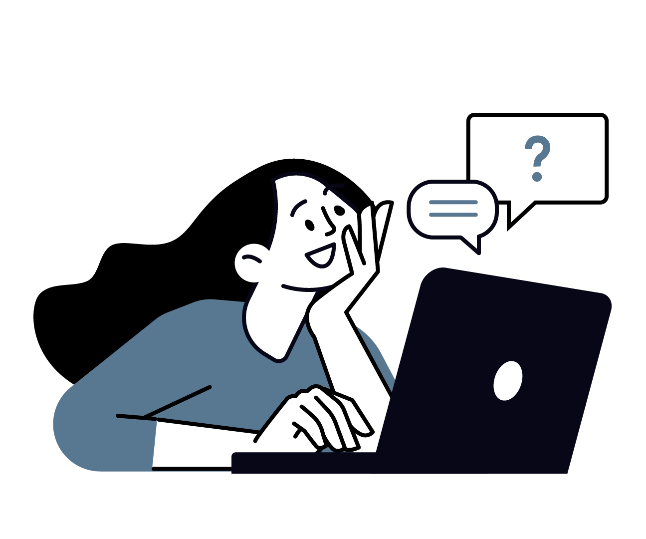Illustration of a woman leaning on their hand while looking at a laptop screen, with a speech bubble and a question mark floating nearby.