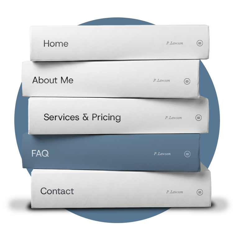 Five white and blue stacked books titled the same as the website menu tabs labeled Home, About Me, Services & Pricing, FAQ, and Contact, with the 'FAQ' book highlighted in blue.