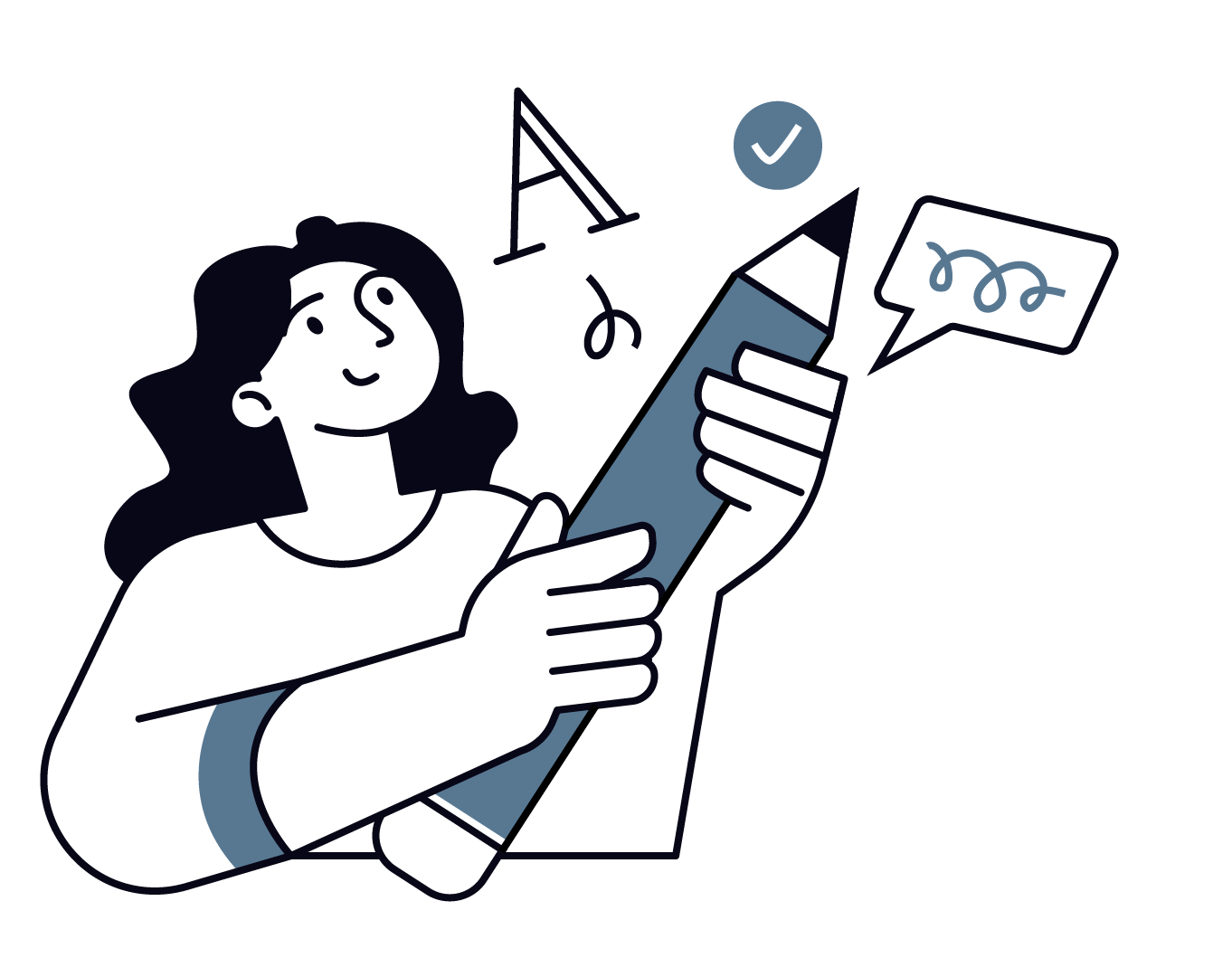 Illustration of a woman with dark curly hair holding a large fpencile, with a checkmark, checkmark, scribble, and a capita letter A.