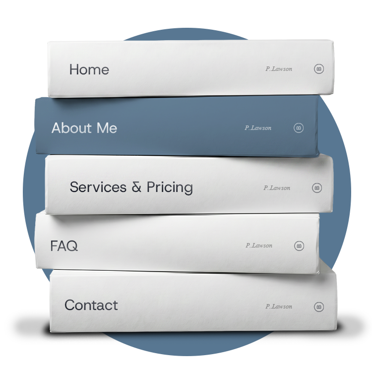 Five white and blue stacked books titled the same as the website menu tabs labeled Home, About Me, Services & Pricing, FAQ, and Contact, with the 'About Me' book highlighted in blue.