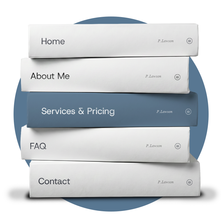 Five white and blue stacked books titled the same as the website menu tabs labeled Home, About Me, Services & Pricing, FAQ, and Contact, with the 'Services & Pricing' book highlighted in blue.