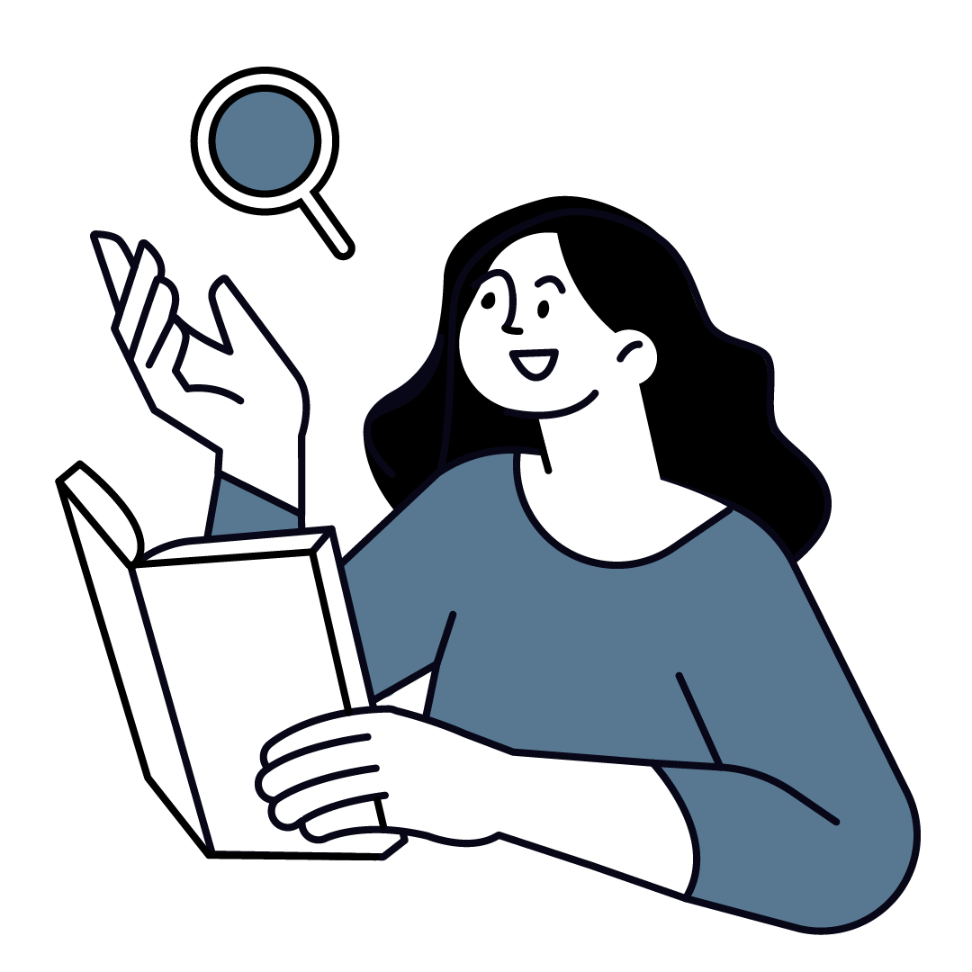 Illustration of a woman with dark hair reading a book, with a magnifying glass floating nearby.