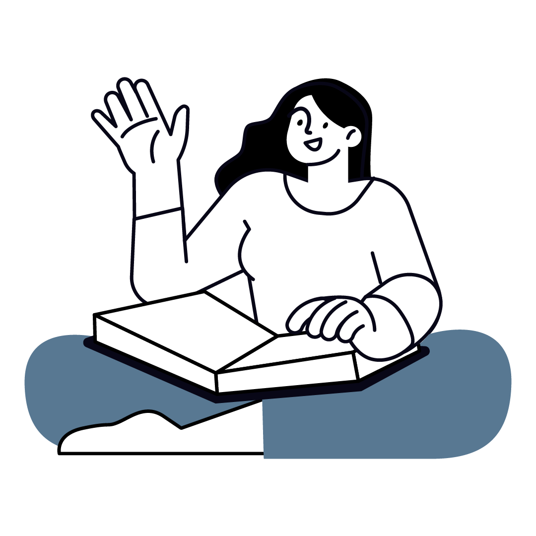 A woman with long dark hair sitting, smiling and waving with her right hand, while resting her left hand on an open book in her lap.