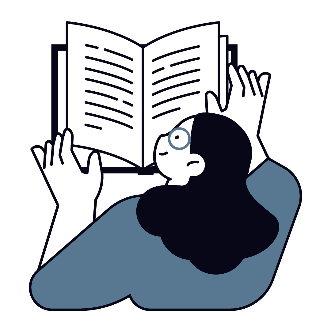 An illustration of a woman reading a book, with a curious expression, wearing glasses and a blue shirt.