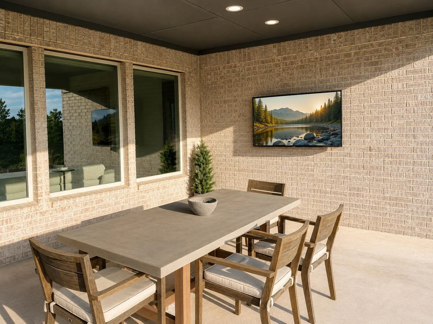 Wall mounted outdoor TV with in-ceiling speakers for good audio quality