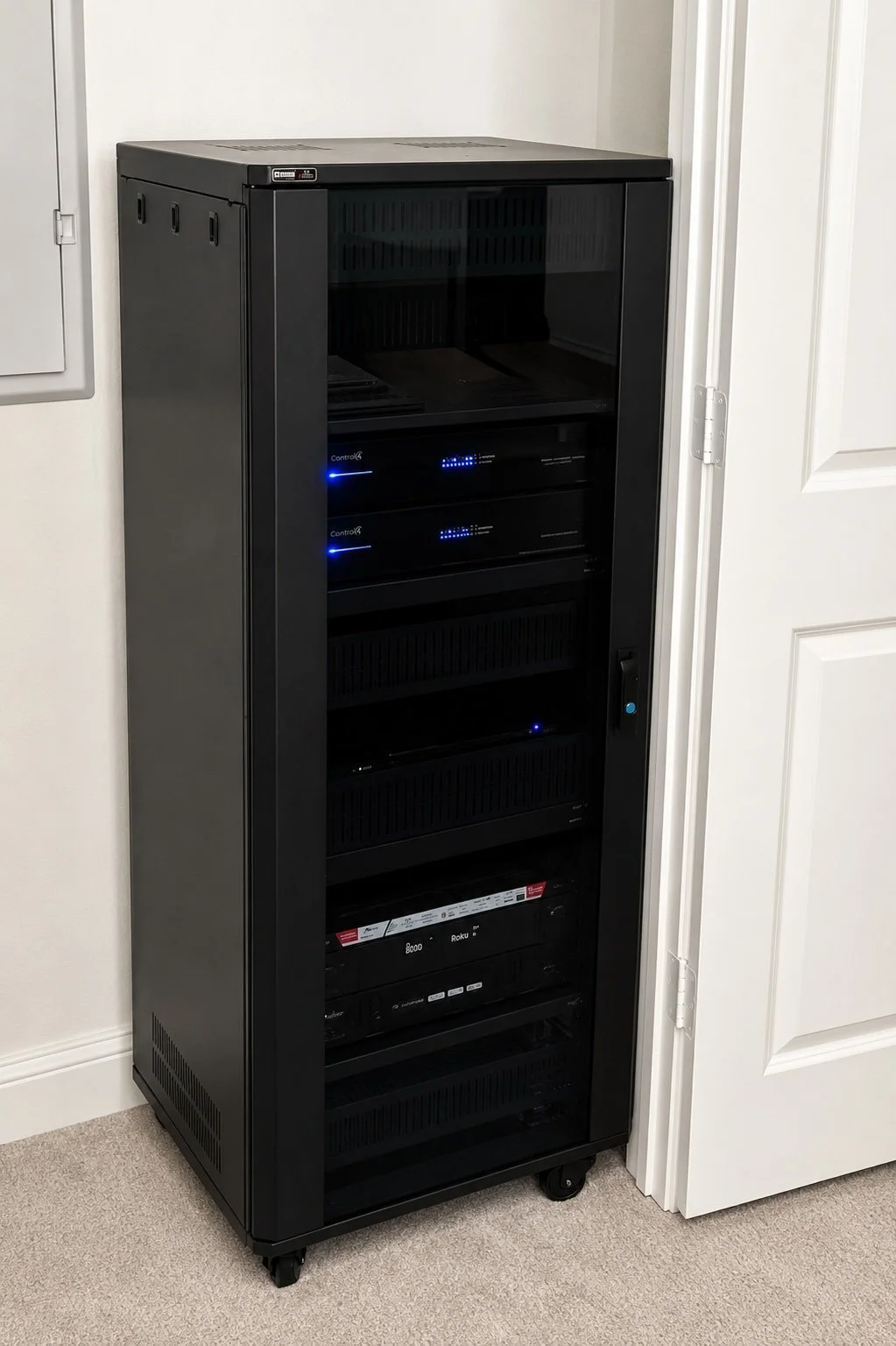 Floor Standing Rack Tucked away inside this Closet to easily Close the Doors and on Rollers for easy servicing