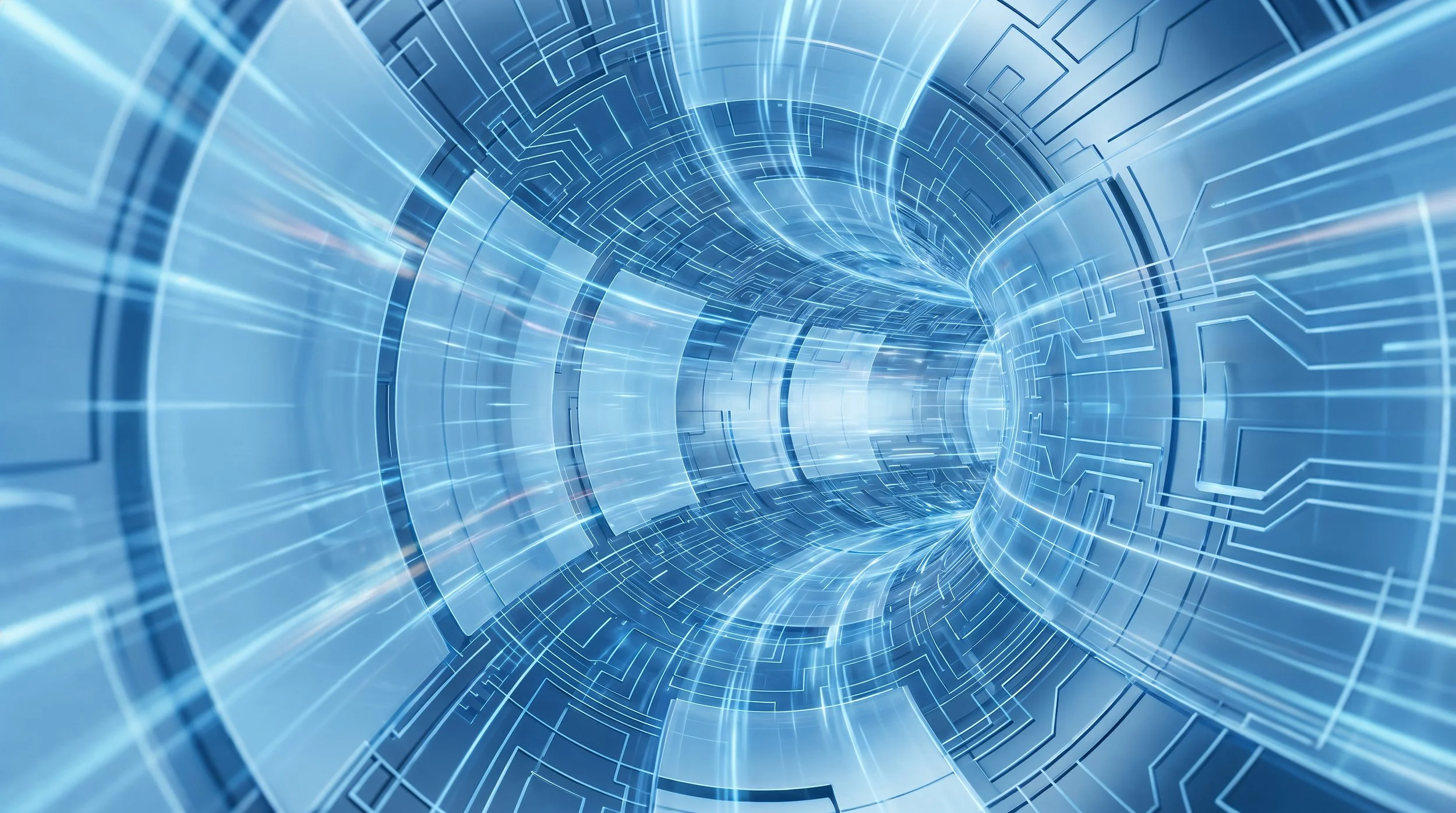 A digital tunnel with glowing blue lines and circuit-like patterns creating a futuristic, technological effect.