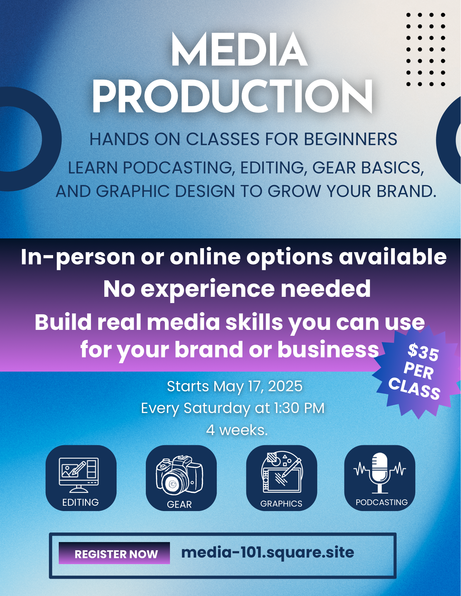 Poster advertising media production classes, with details about content, schedule, price, and icons representing editing, gear, graphics, and podcasting.