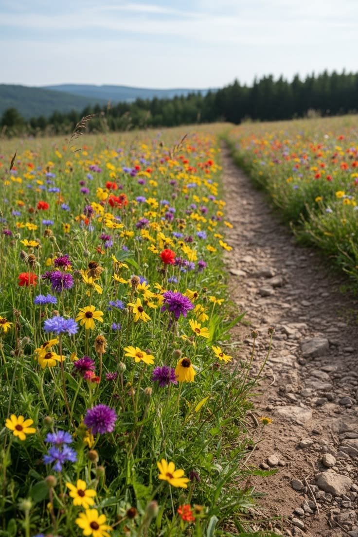 A dirt road passing through a colorful flower field with yellow, purple, red, and pink blossoms, under a partly cloudy sky with distant mountains and a tree line.