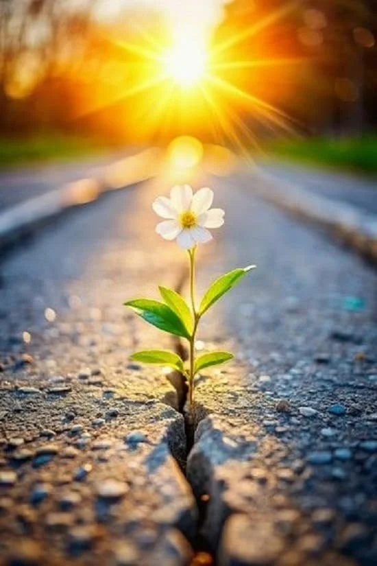 A small white flower with green leaves growing through a crack in an asphalt road, sunlight shining in the background at sunset.