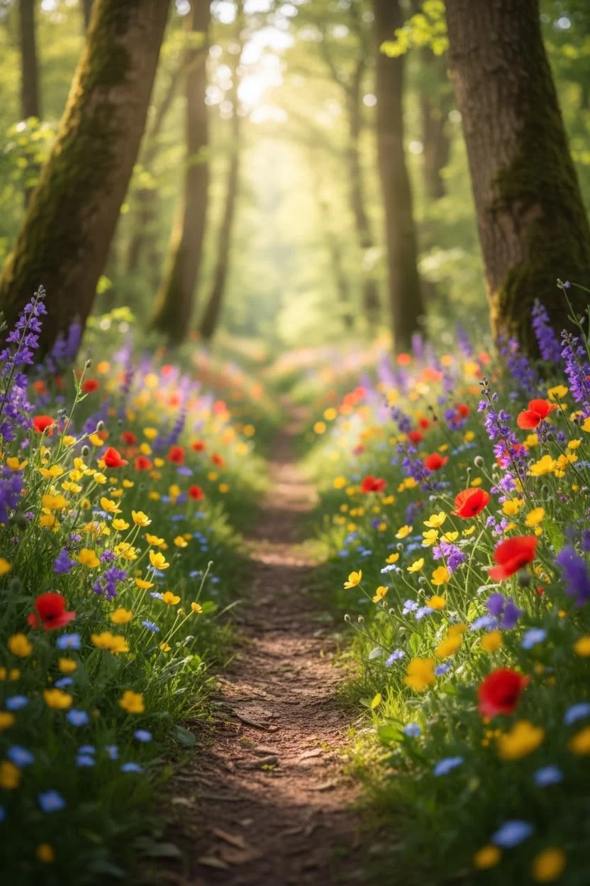 A dirt path through a forest with trees on both sides and colorful wildflowers, including red, yellow, purple, and blue blossoms, along the path, illuminated by sunlight.