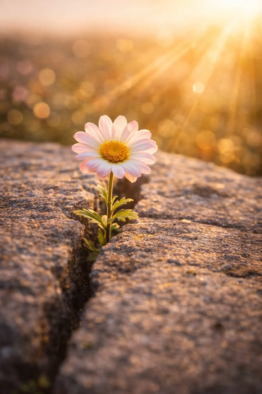 A small pink and white flower with a yellow center growing between two cracks in a rock, with a golden sunset in the background.