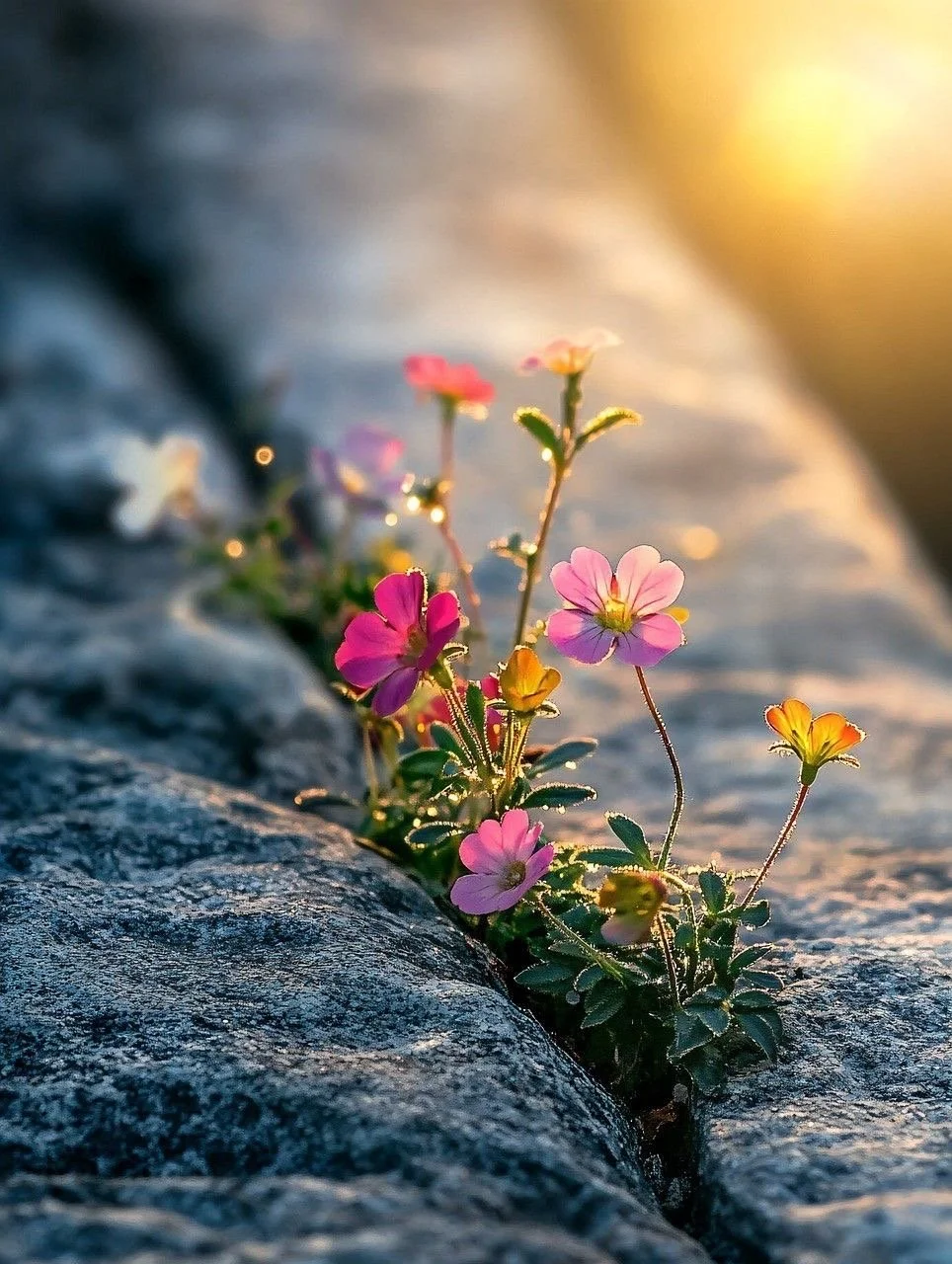 Colorful wildflowers growing in a crack of an uneven rocky surface at sunset.