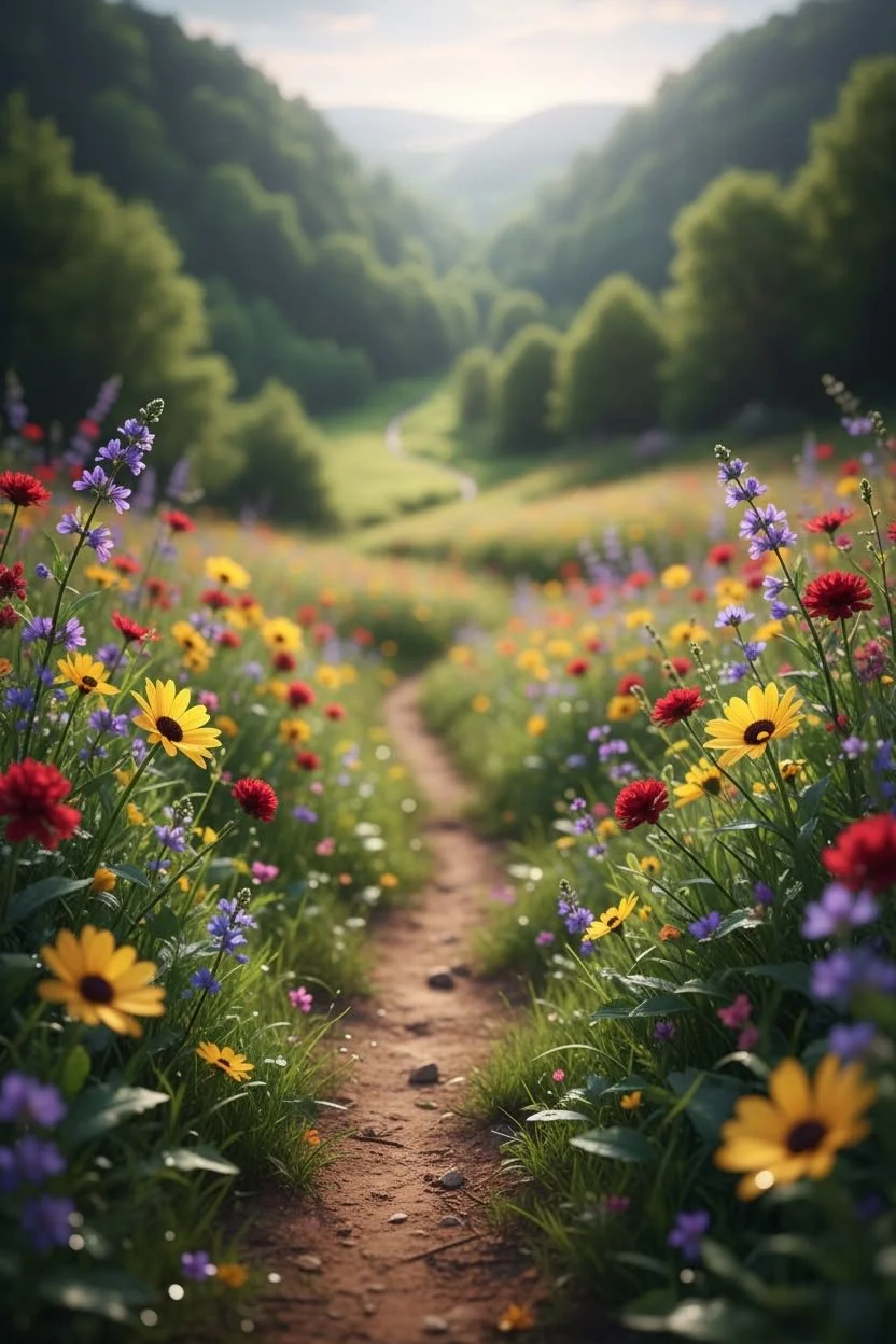 A dirt path winding through a colorful flower field with yellow, red, purple, and pink flowers, leading towards a distant, lush green forested landscape under a partly cloudy sky.