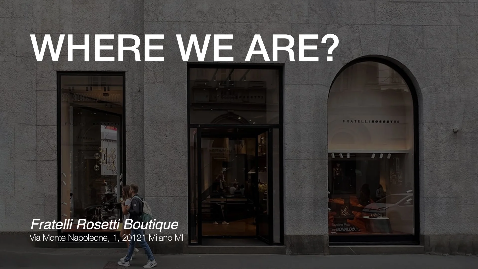 Exterior of Fratelli Rosetti Boutique store on Via Monte Napoleone in Milan, Italy, with two pedestrians walking by