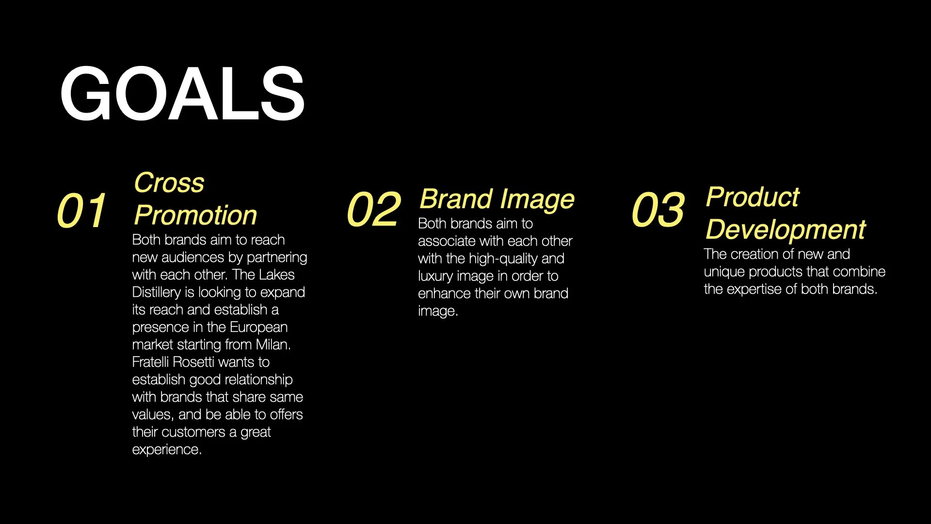 A presentation slide with a black background and white and yellow text outlining three goals: 1) Cross Promotion, 2) Brand Image, 3) Product Development, with descriptive details for each goal.