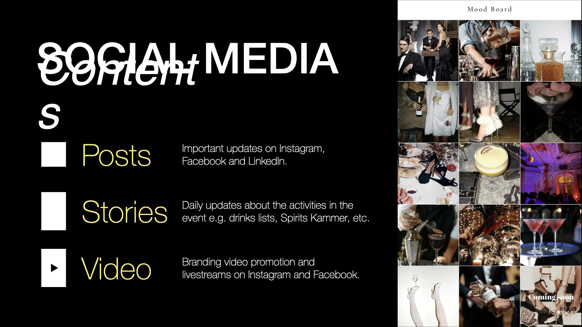 A promotional mood board for social media content, featuring a grid of vibrant images from luxury events and parties, with a black section listing content categories: Posts, Stories, and Video, explaining their purposes.