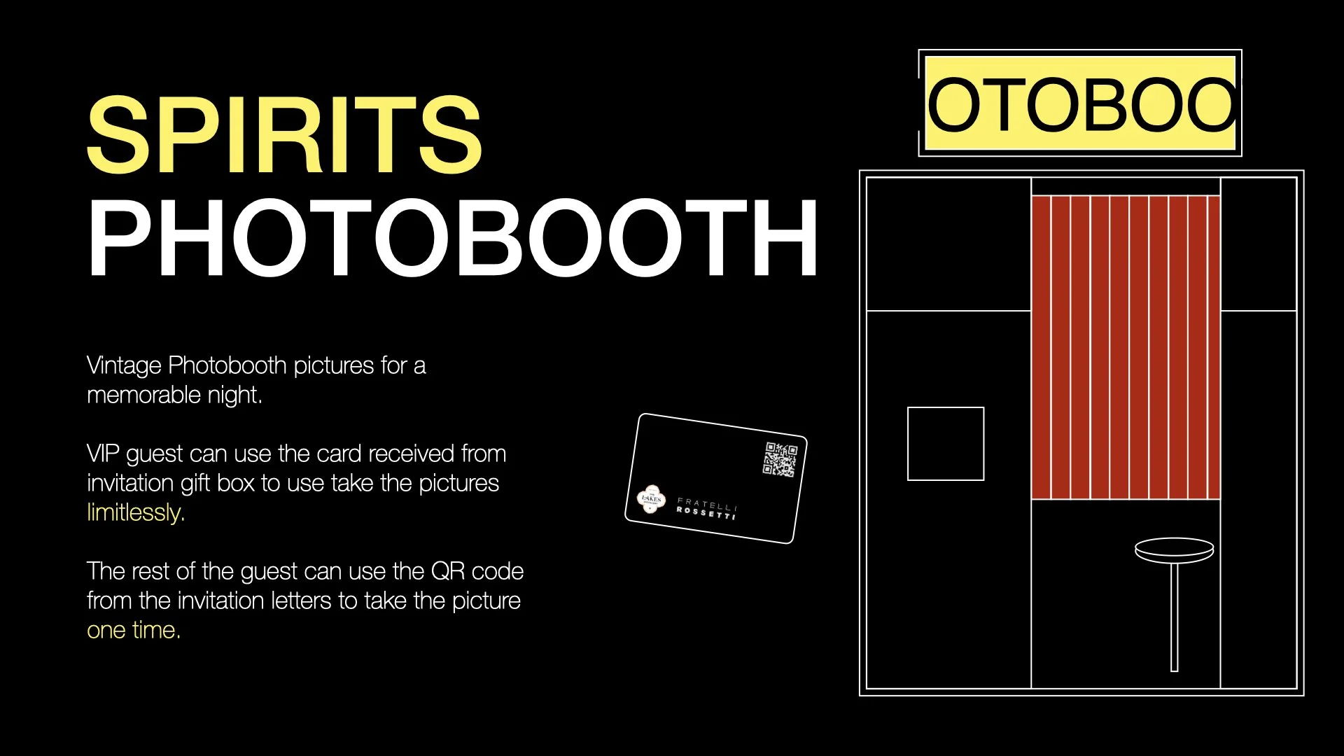 Sign advertising a vintage photo booth called 'Spirits Photobooth' located at Otobo. The sign explains that VIP guests can use a card received from invitation gift boxes to take unlimited photos, while other guests can use a QR code from invitation l