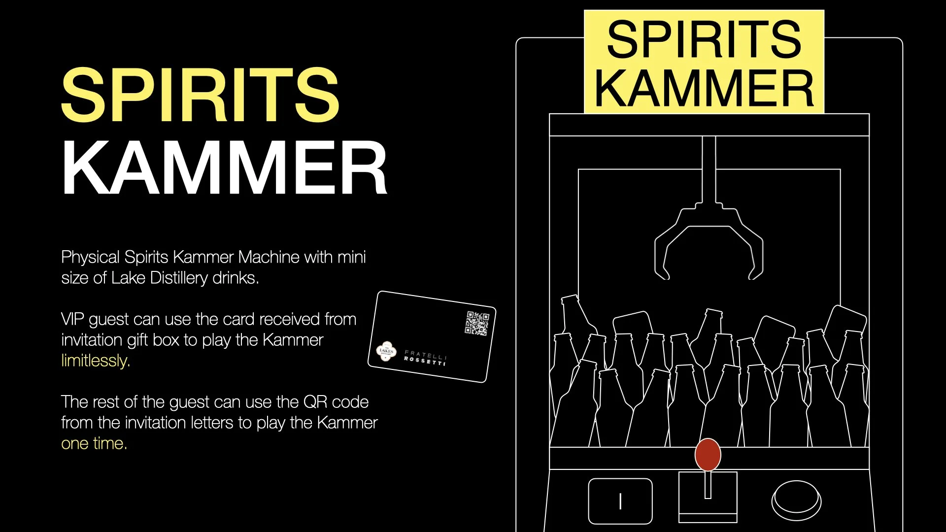 Poster advertising the Physical Spirits Kammer machine, which dispenses mini-sized Lake Distillery drinks. The poster features an outline of the machine with bottles, a card for VIP guests, and a QR code. The text explains how guests can use a card o