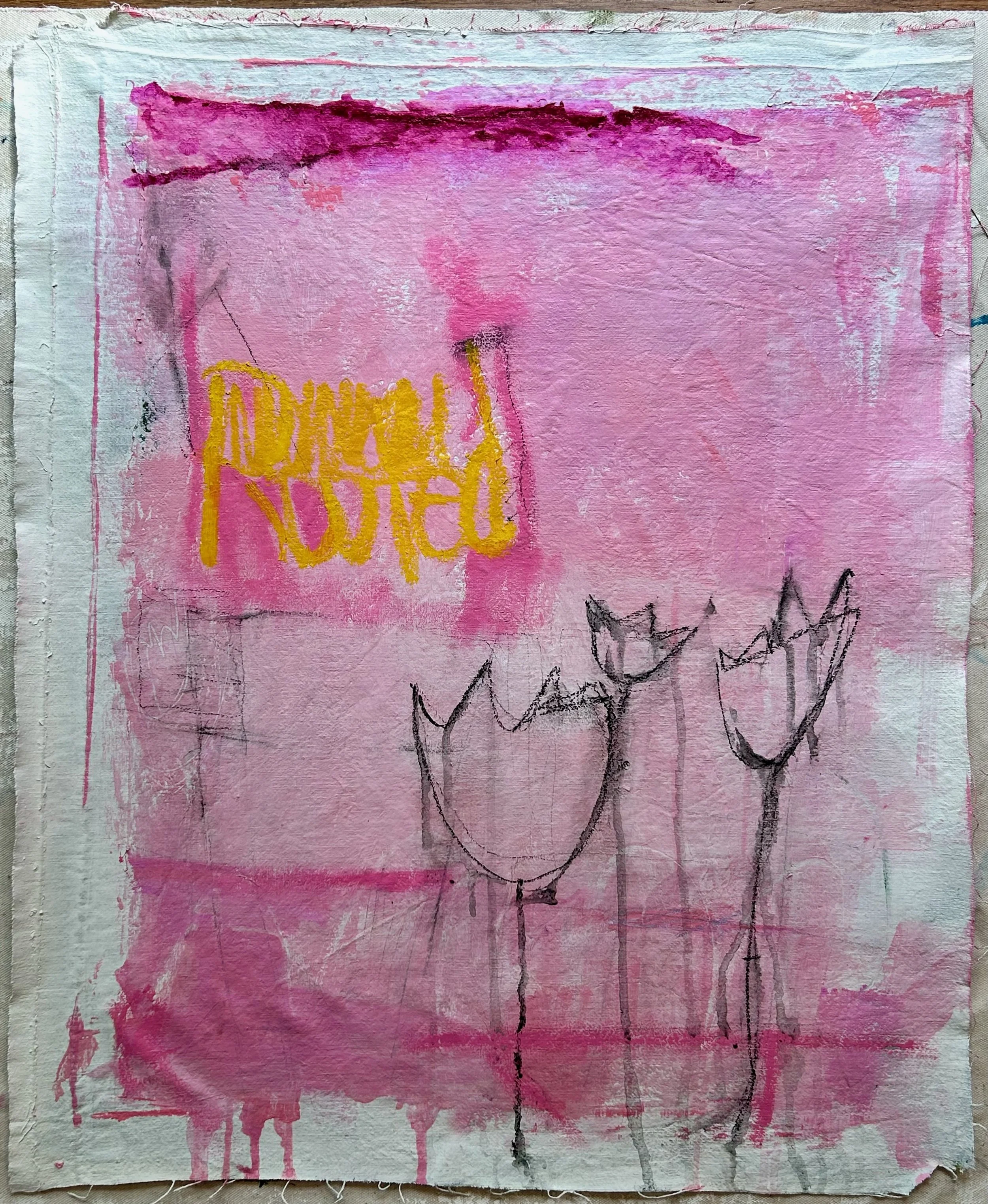 27x22 acrylic, charcoal and oil stick on loose vintage cloth:  Rooted series