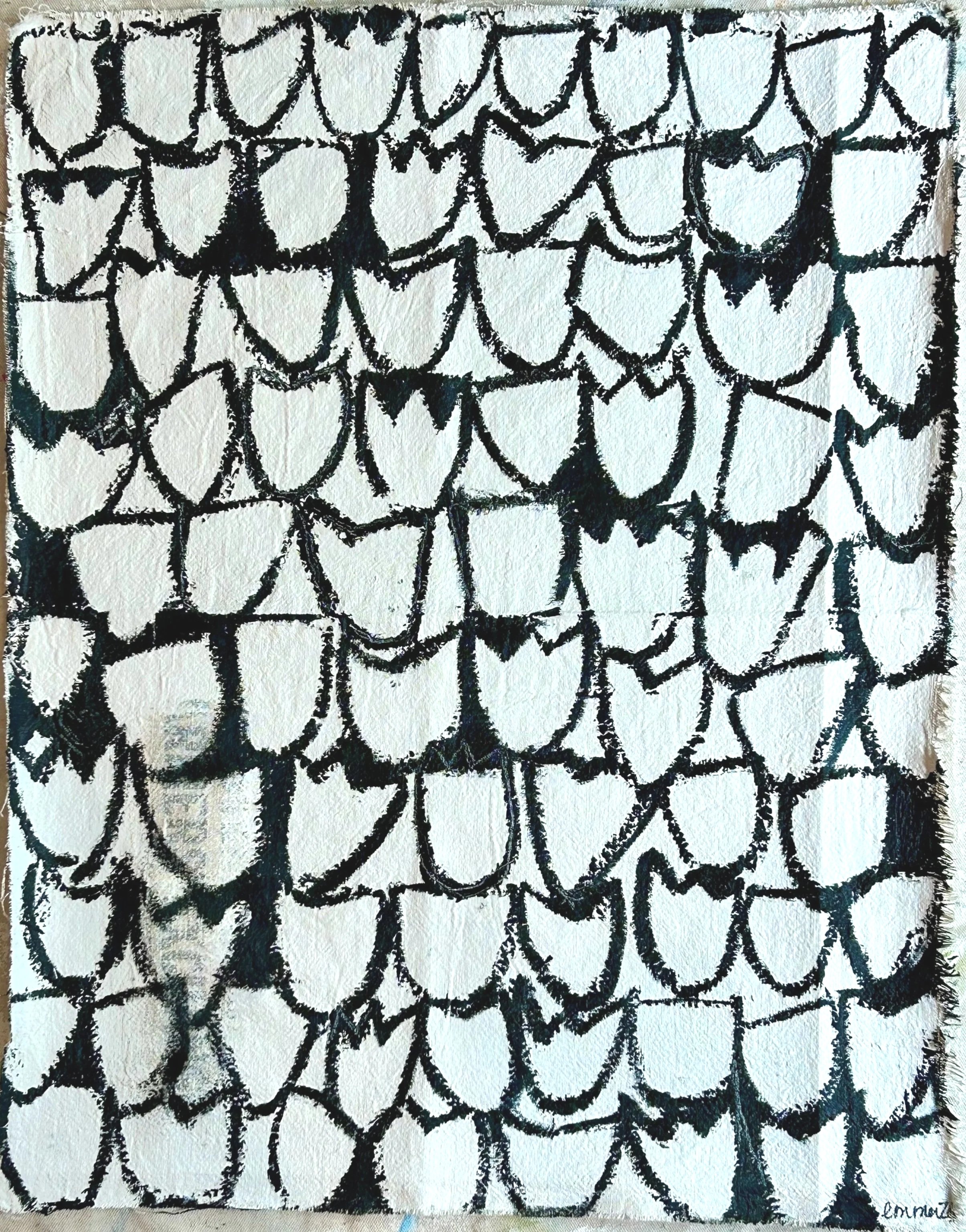 26x21 acrylic and oil stick on loose vintage grain sack; $270.00