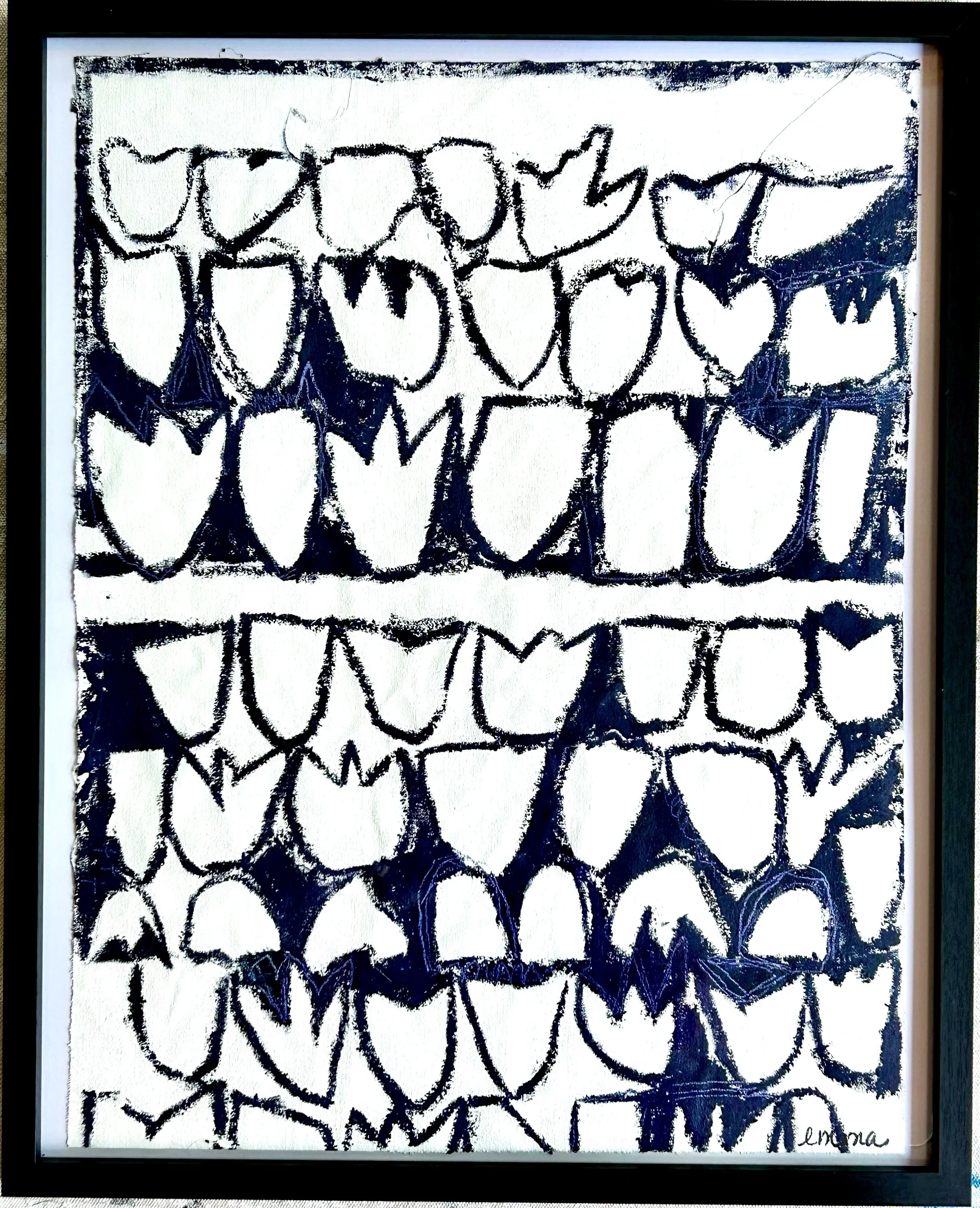 19x15 image acrylic and oil stick on vintage linen; $160.00