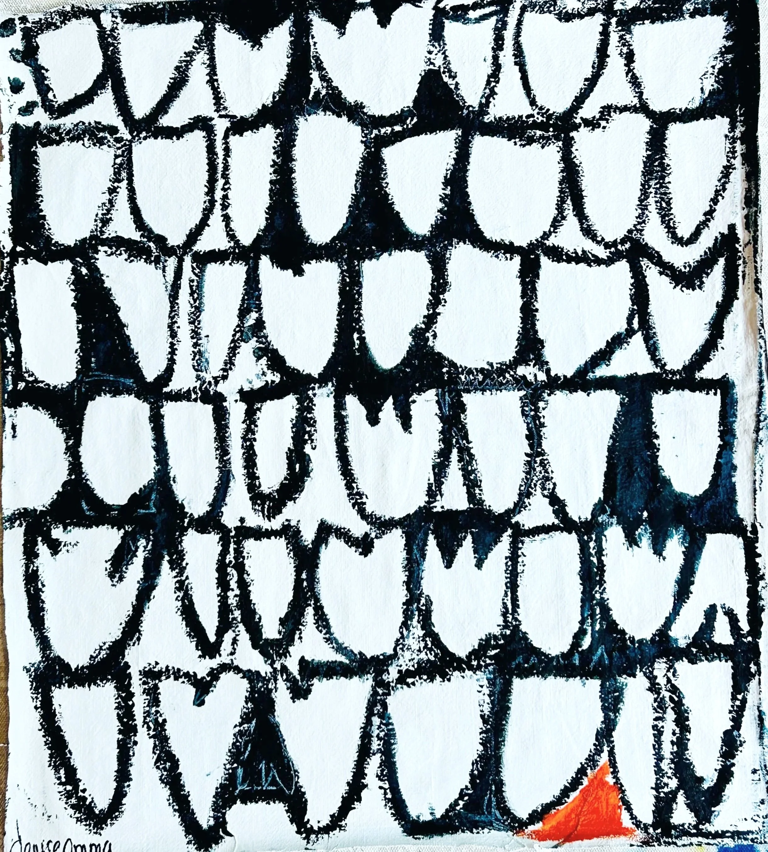 17.5x16 acrylic and oil stick on loose vintage linen; $140.00