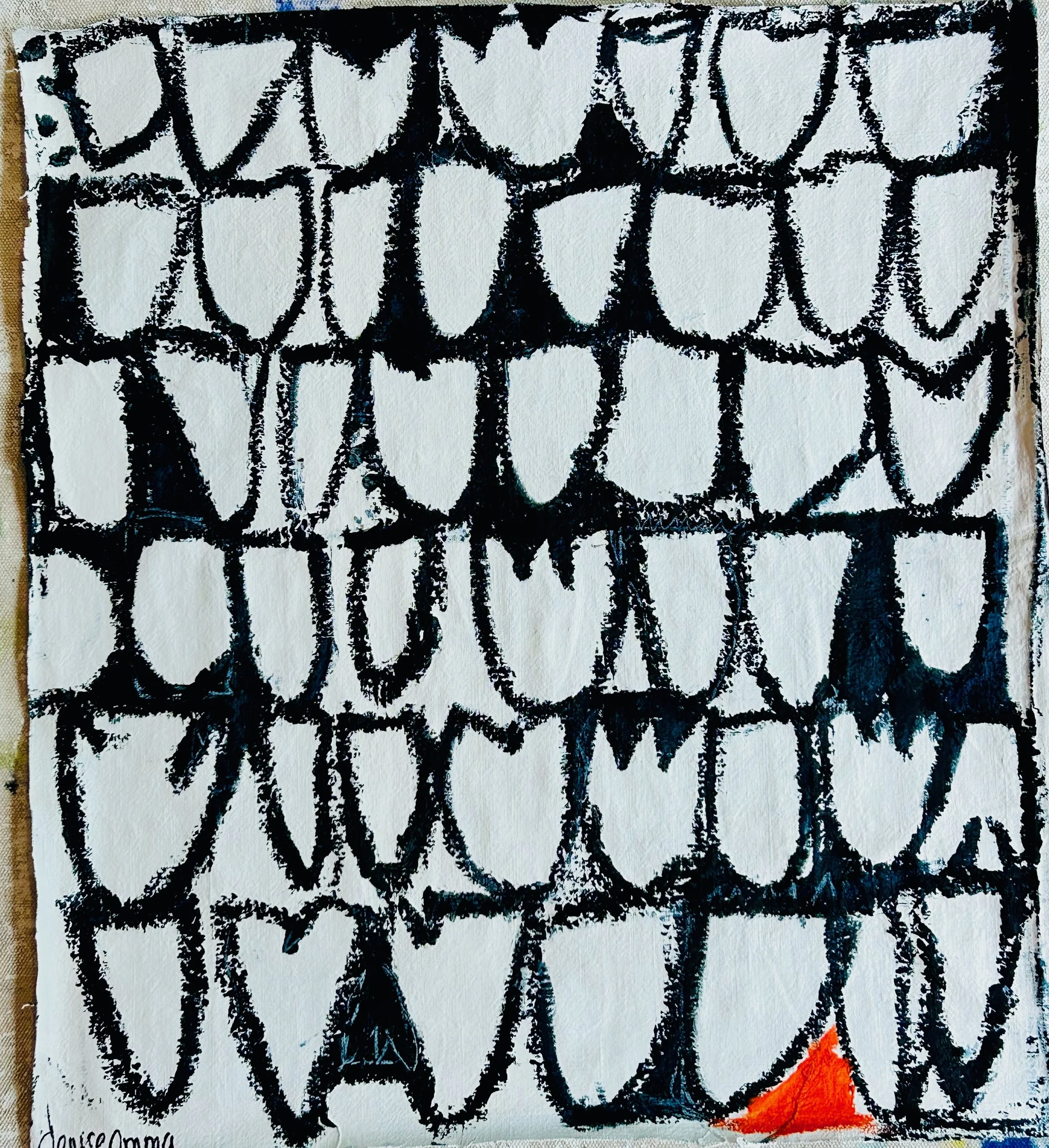 17.5x16 acrylic and oil stick on loose vintage linen