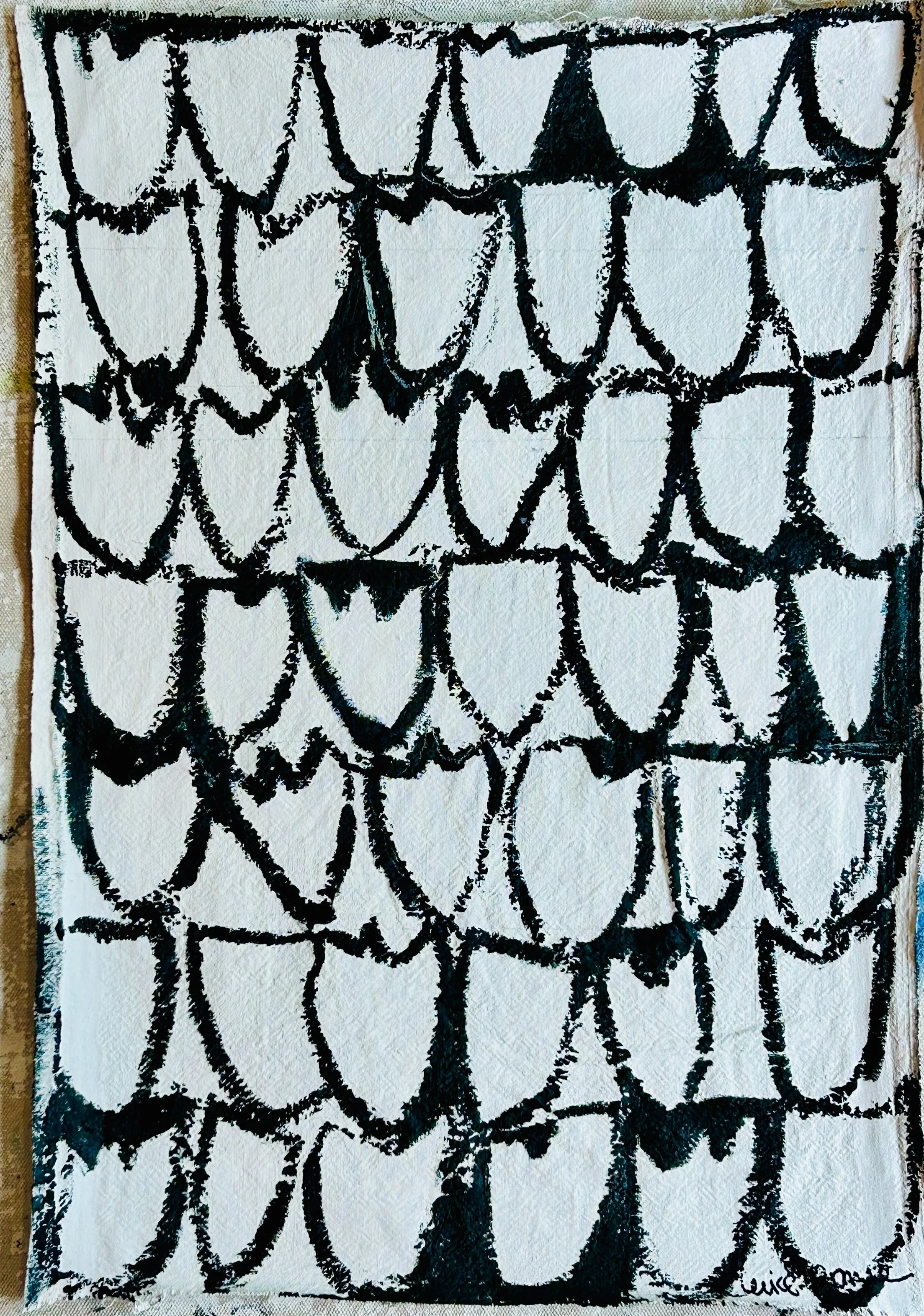 20.5x14.5 acrylic and oil stick on loose vintage linen