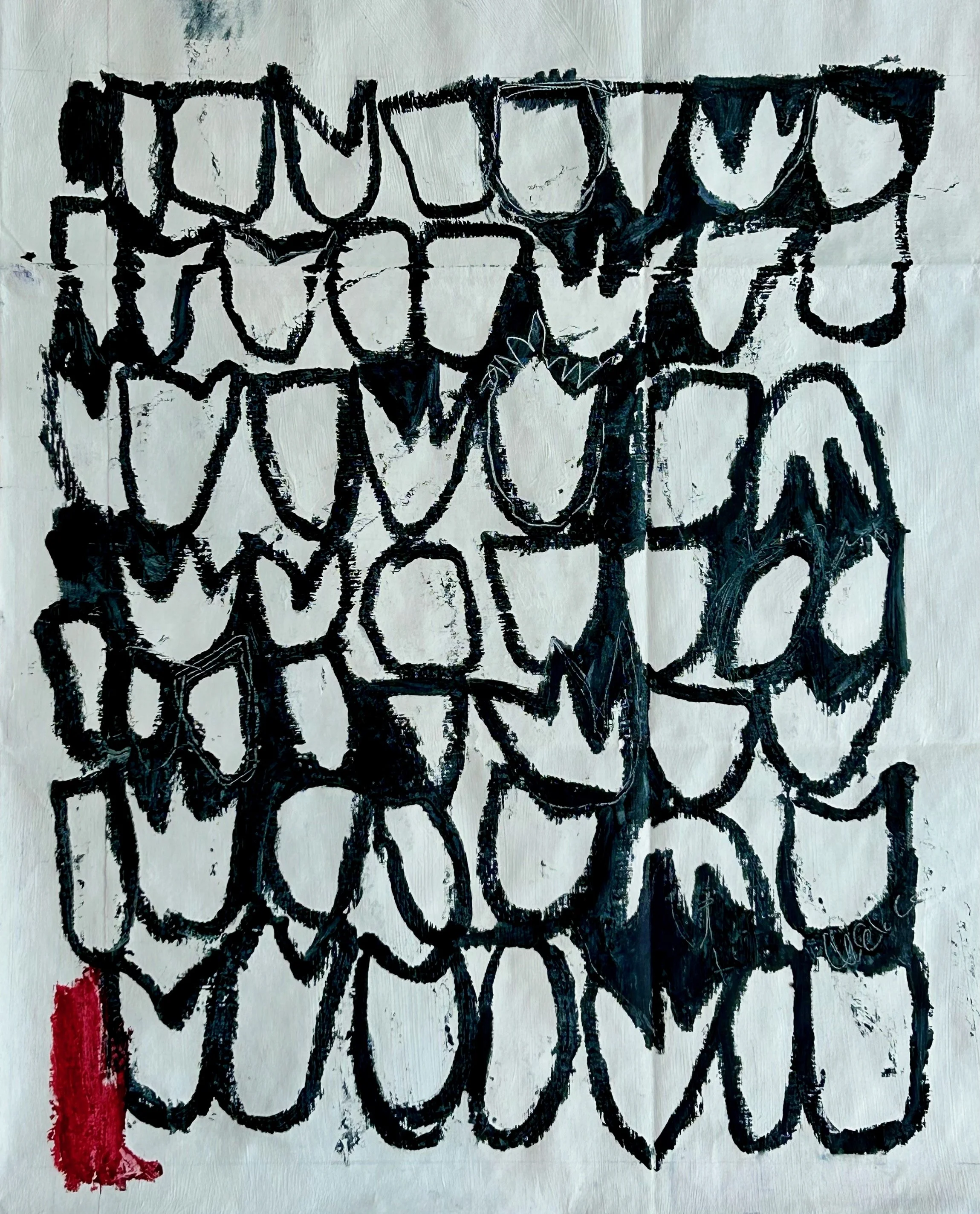 An abstract black and white artwork with bold black outlines forming multiple overlapping irregular shapes, with a vertical streak of red paint on the left side.