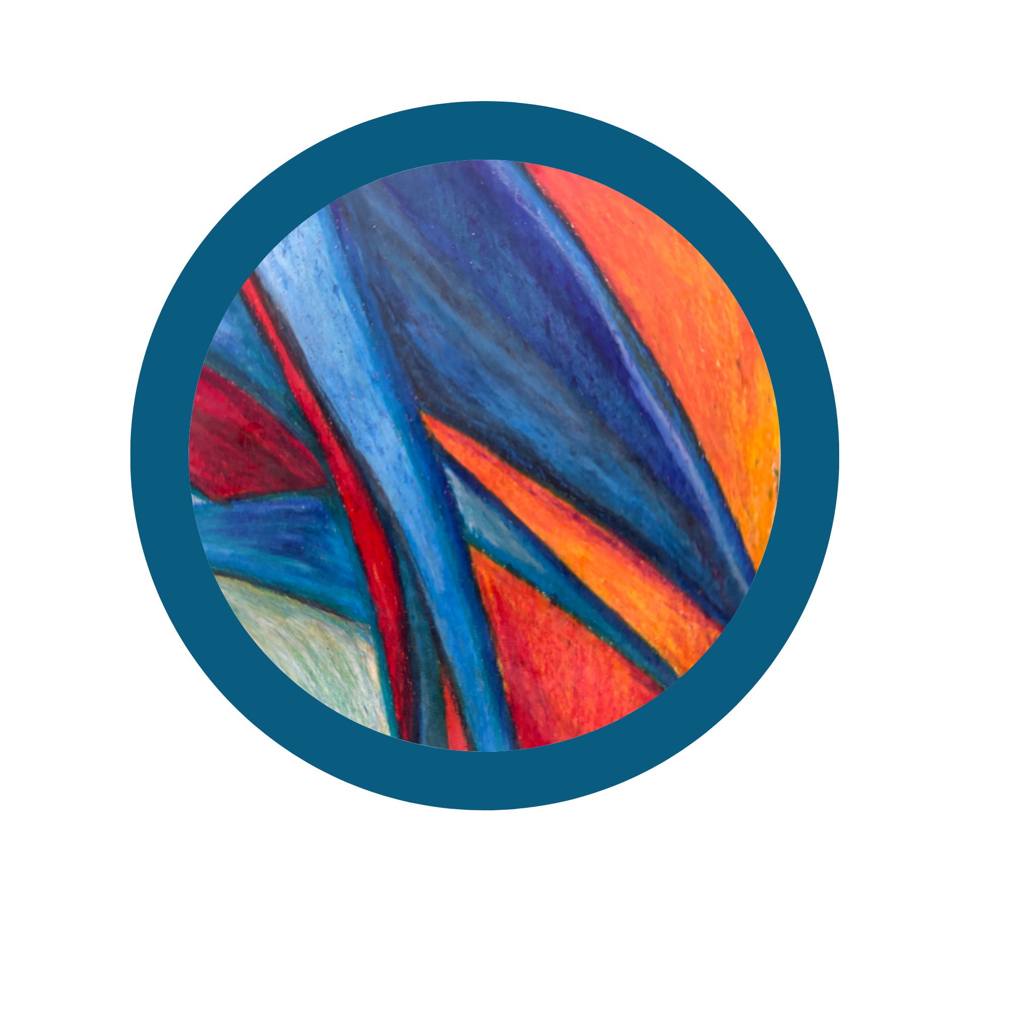 Close-up image of an abstract colorful painting with bold strokes in blue, red, orange, yellow, and green.